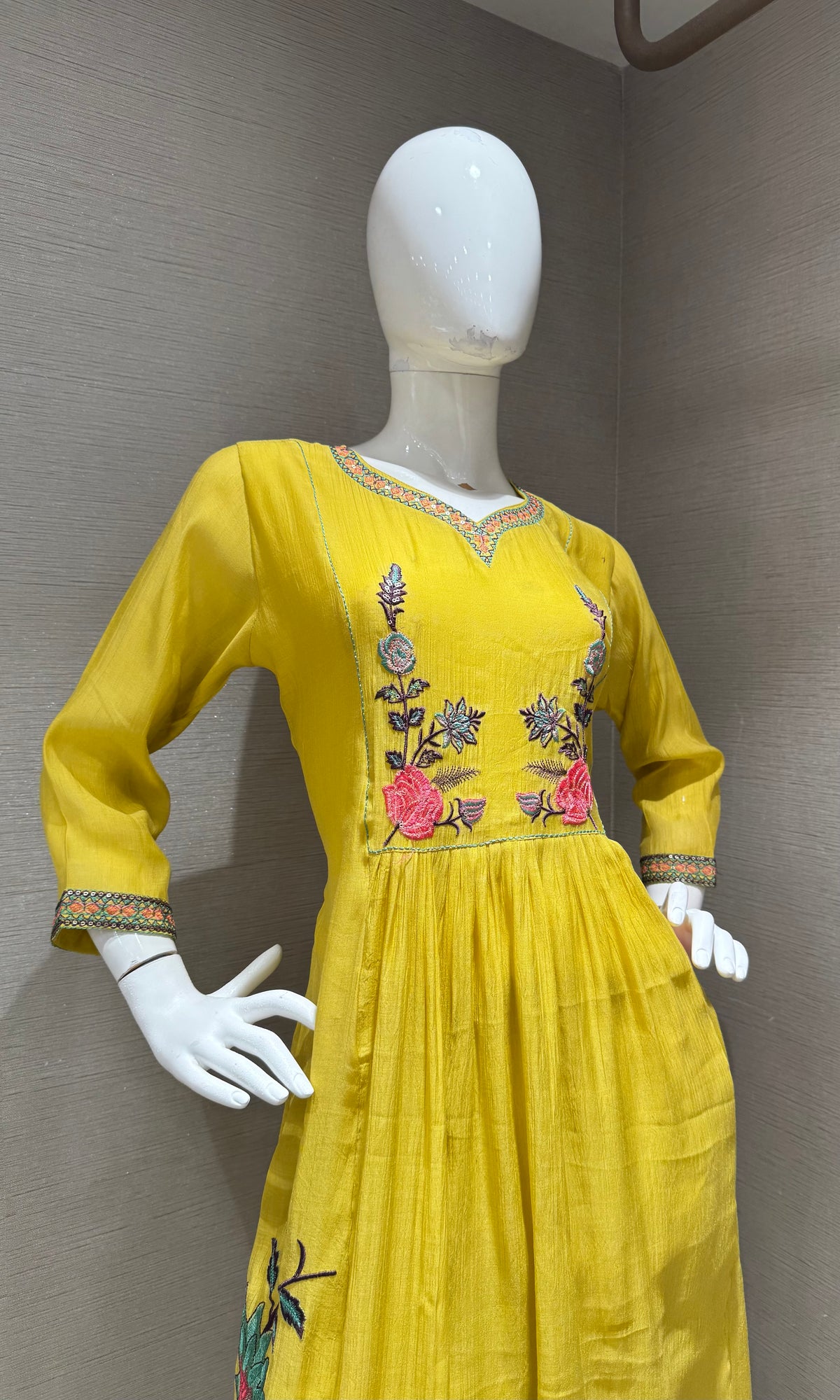 Yellow floral Mul chanderi kurta set with dupatta
