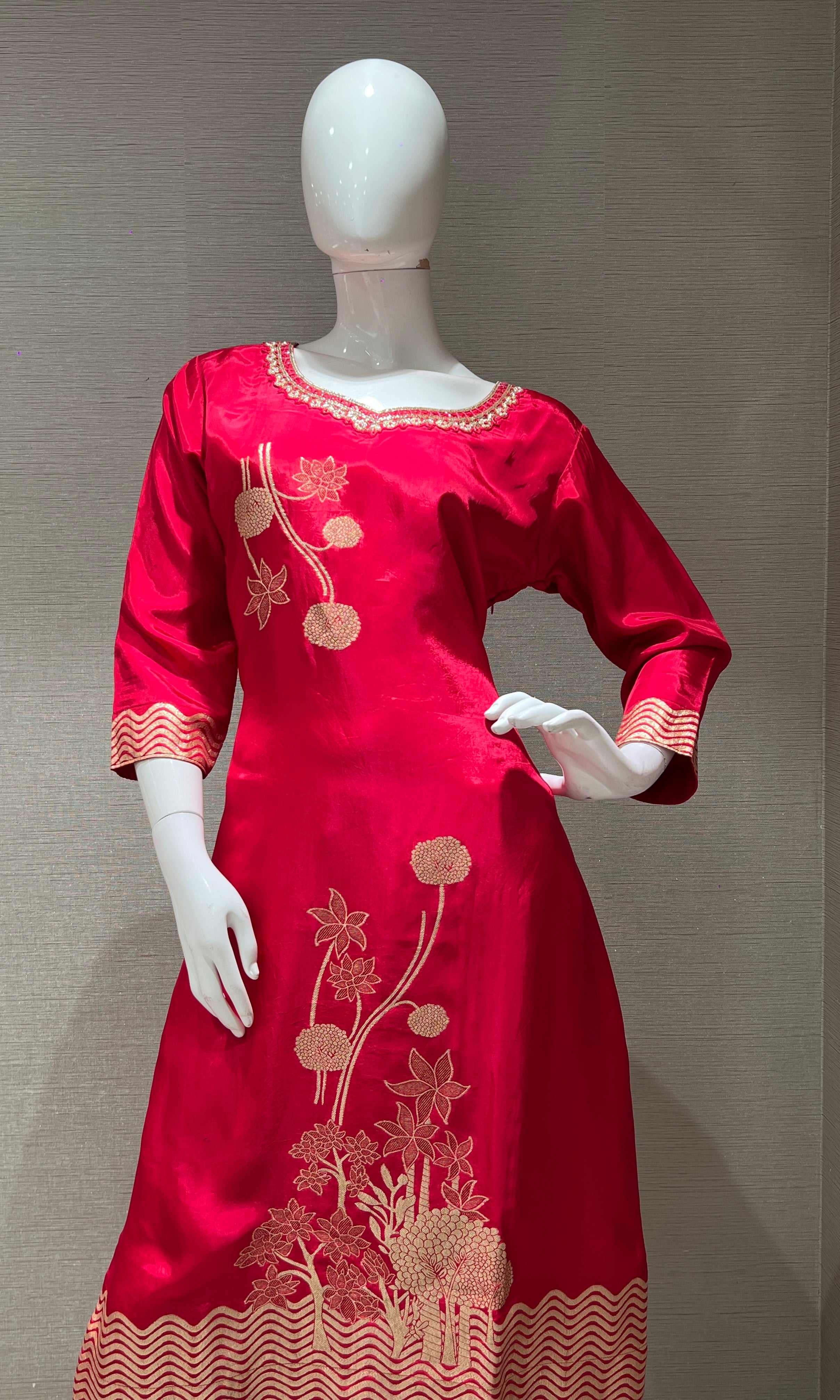 Rani Pink golden embroidered kurta set