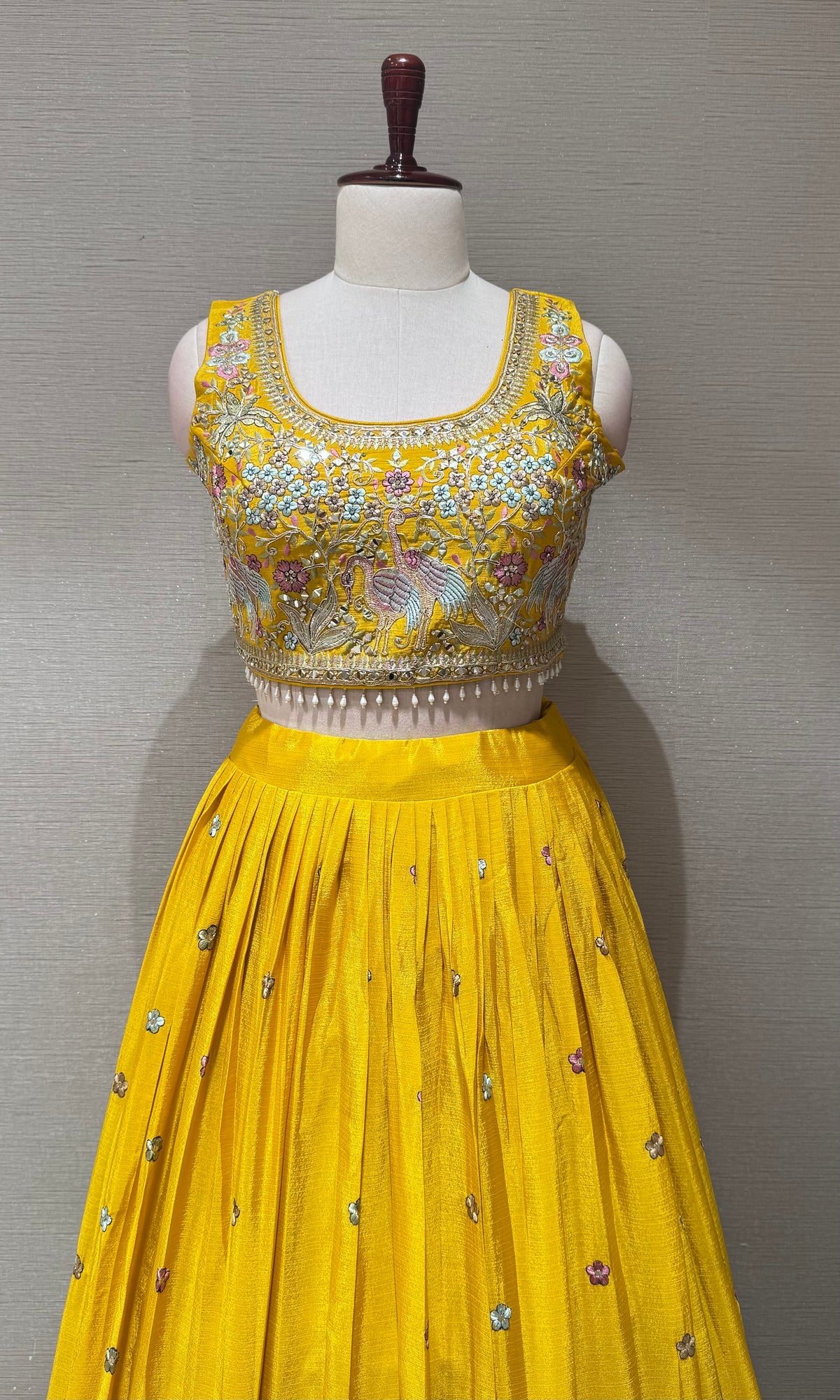 Yellow Tissue Silk Lehenga set with Floral Border