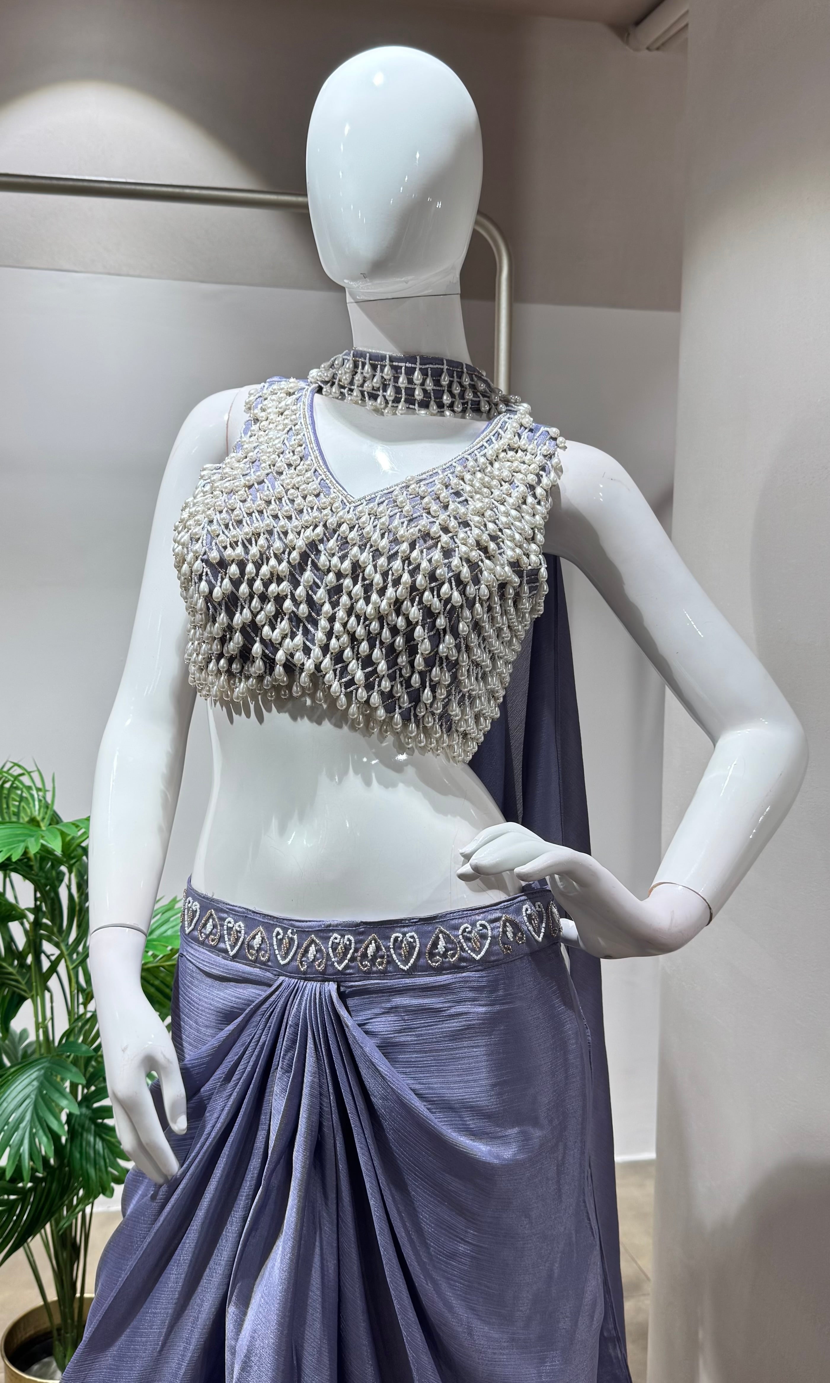 Lavender pearl blouse with drape skirt