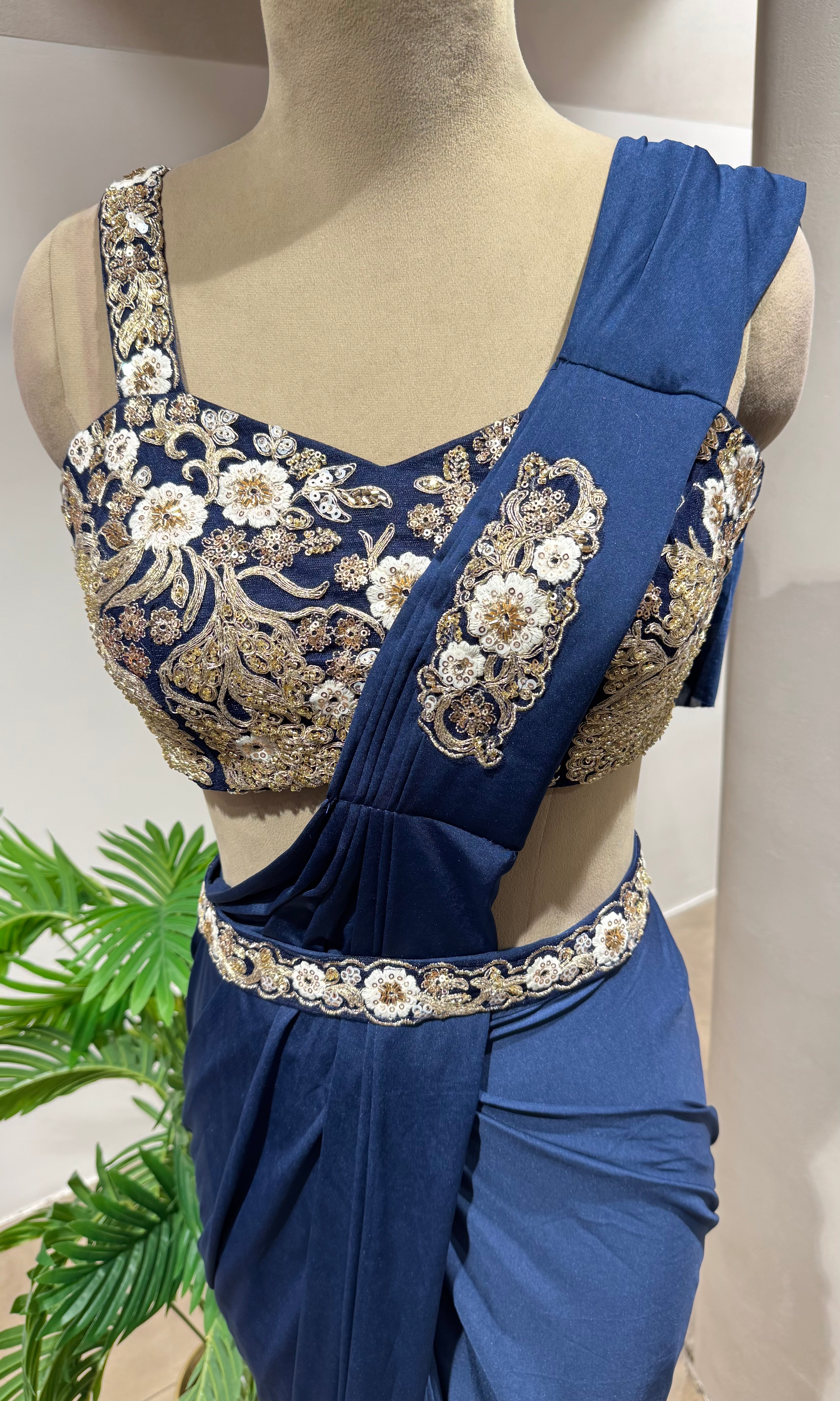 Blue draped saree with corset blouse