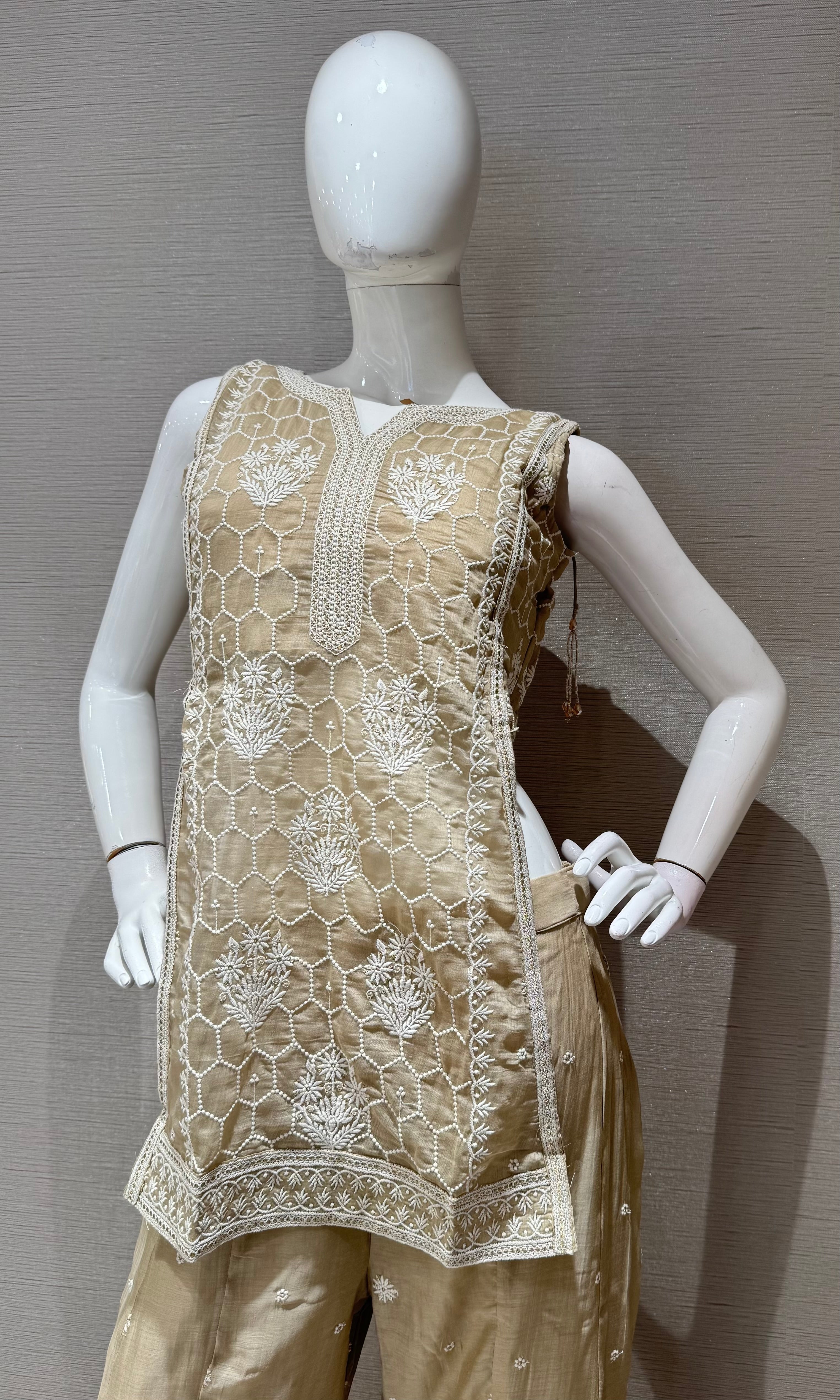 Beige Floral Embroidered palazzo set