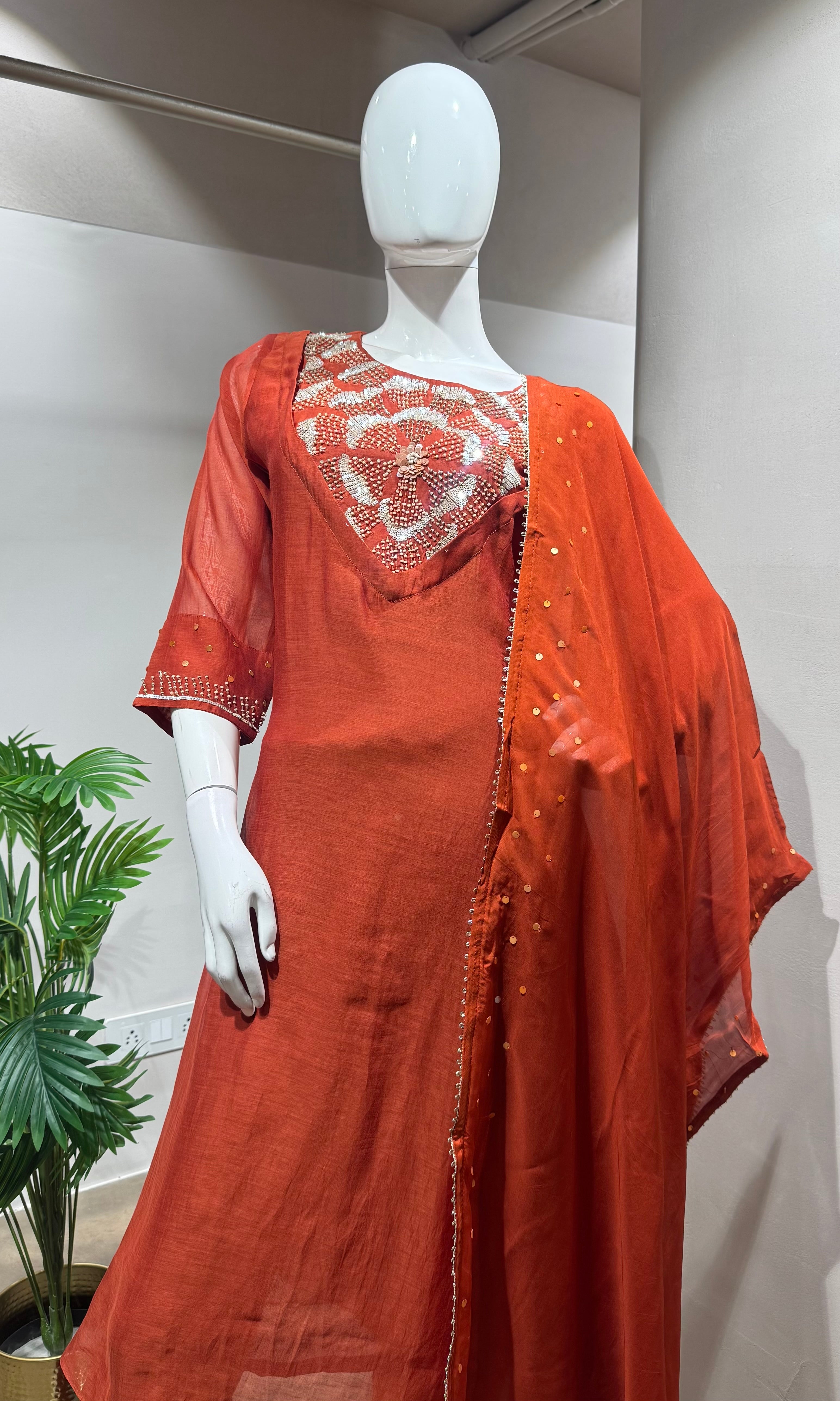 Rust Orange Mul Chanderi Kurta Set