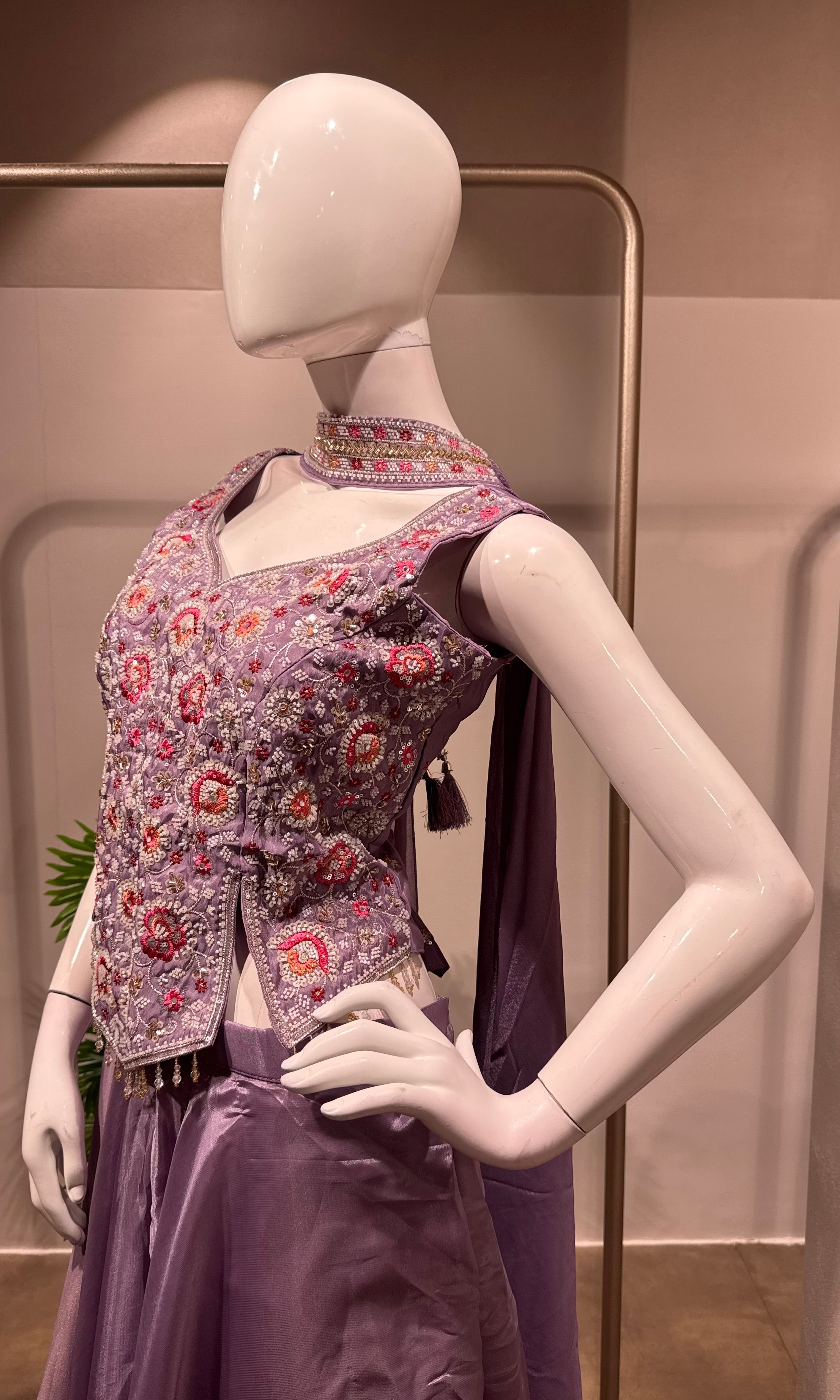 Lavender embroidered crop top set with flared palazzo
