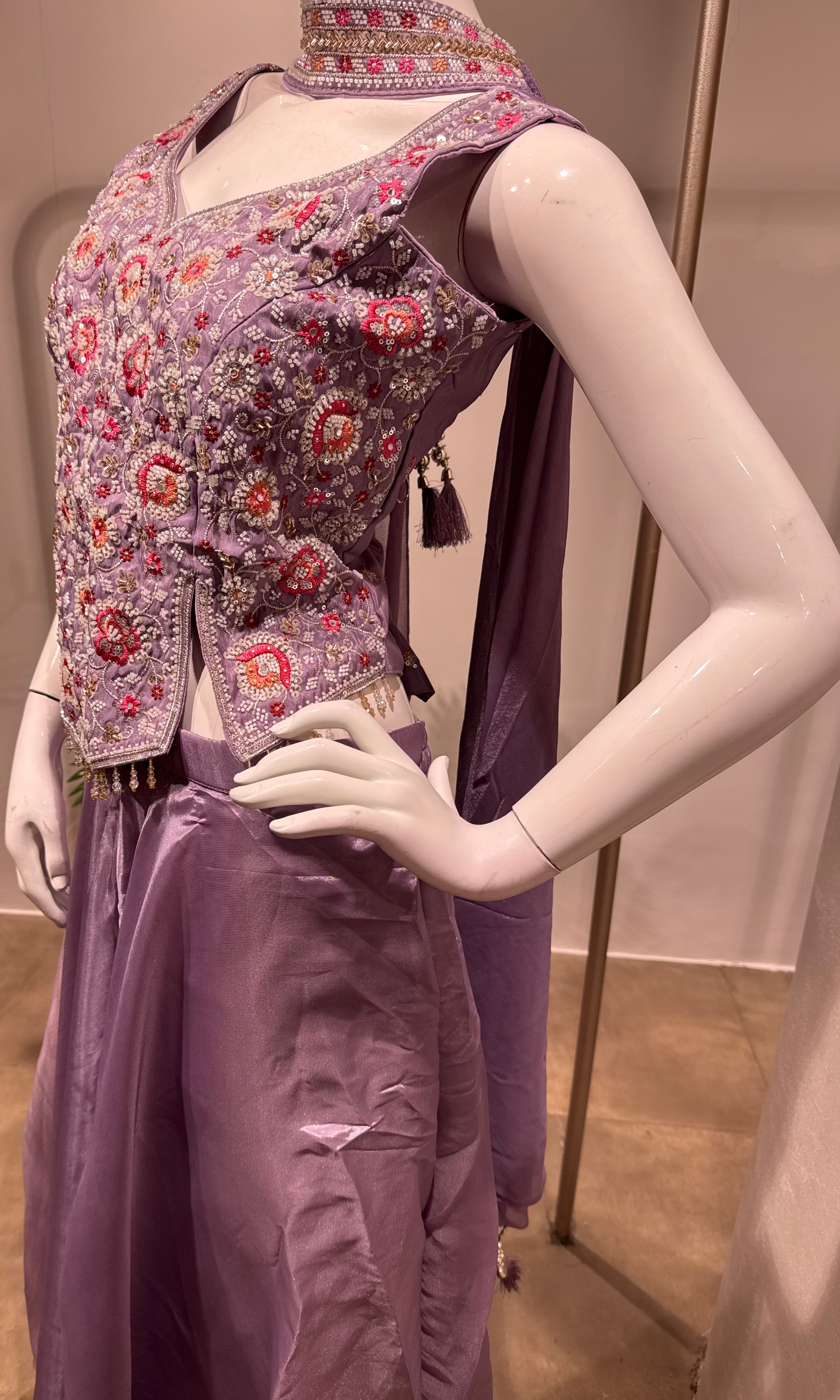 Lavender embroidered crop top set with flared palazzo