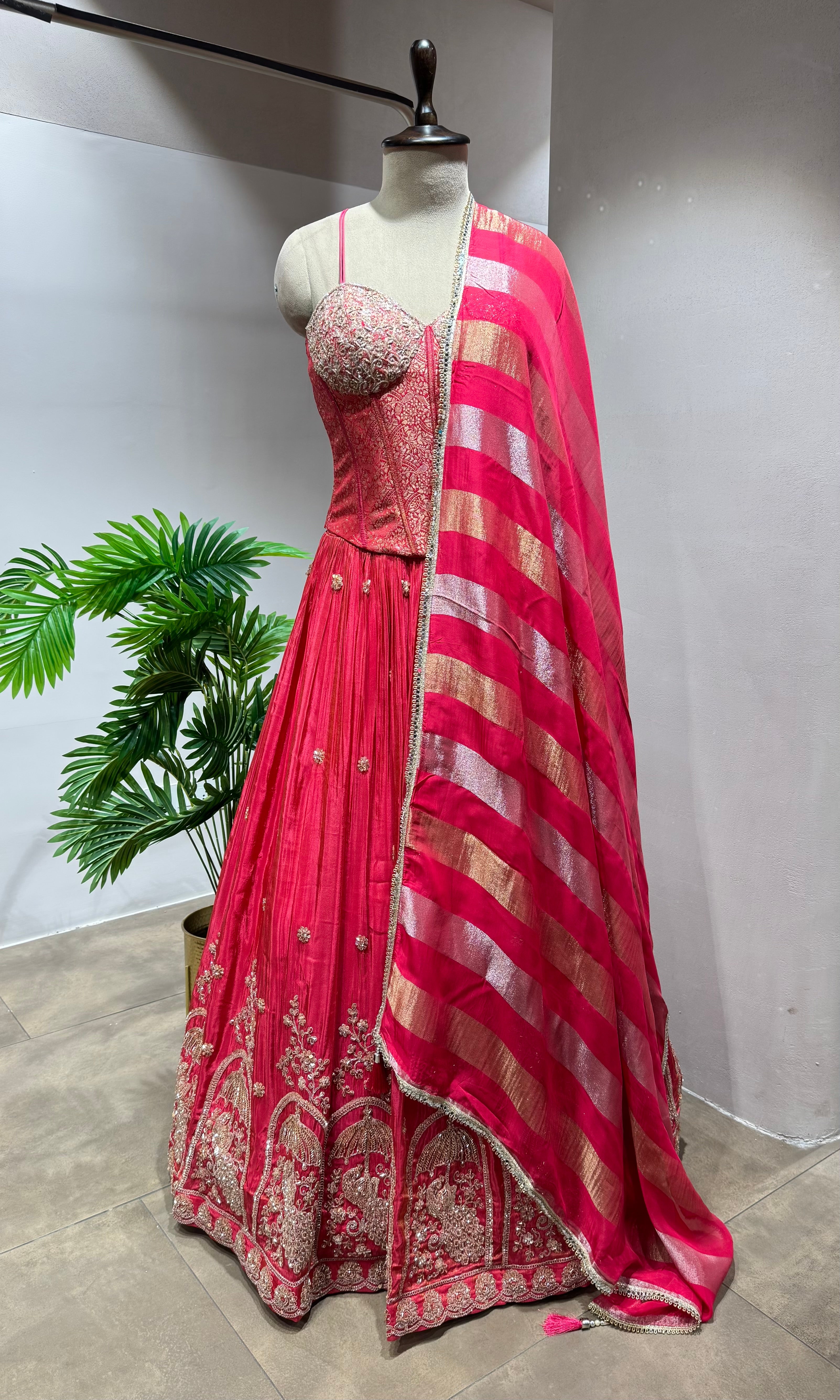 PINK Lehenga with Striped Dupatta & CORSET BLOUSE