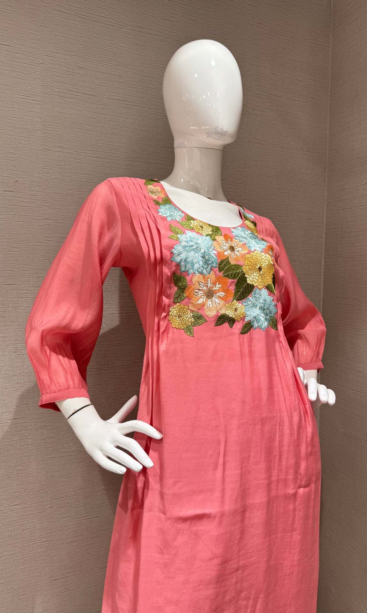 Pink Floral Embroidered Mul Chanderi A Line kurta Set with dupatta