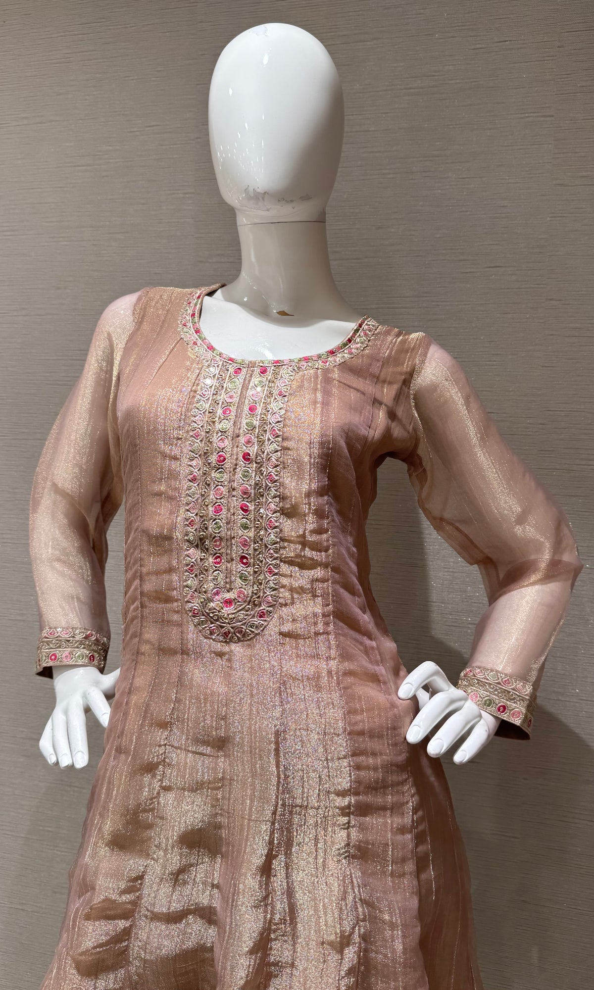 PEACH EMBROIDERED TISSUE ANARKALI SET WITH FLORAL DUPATTA