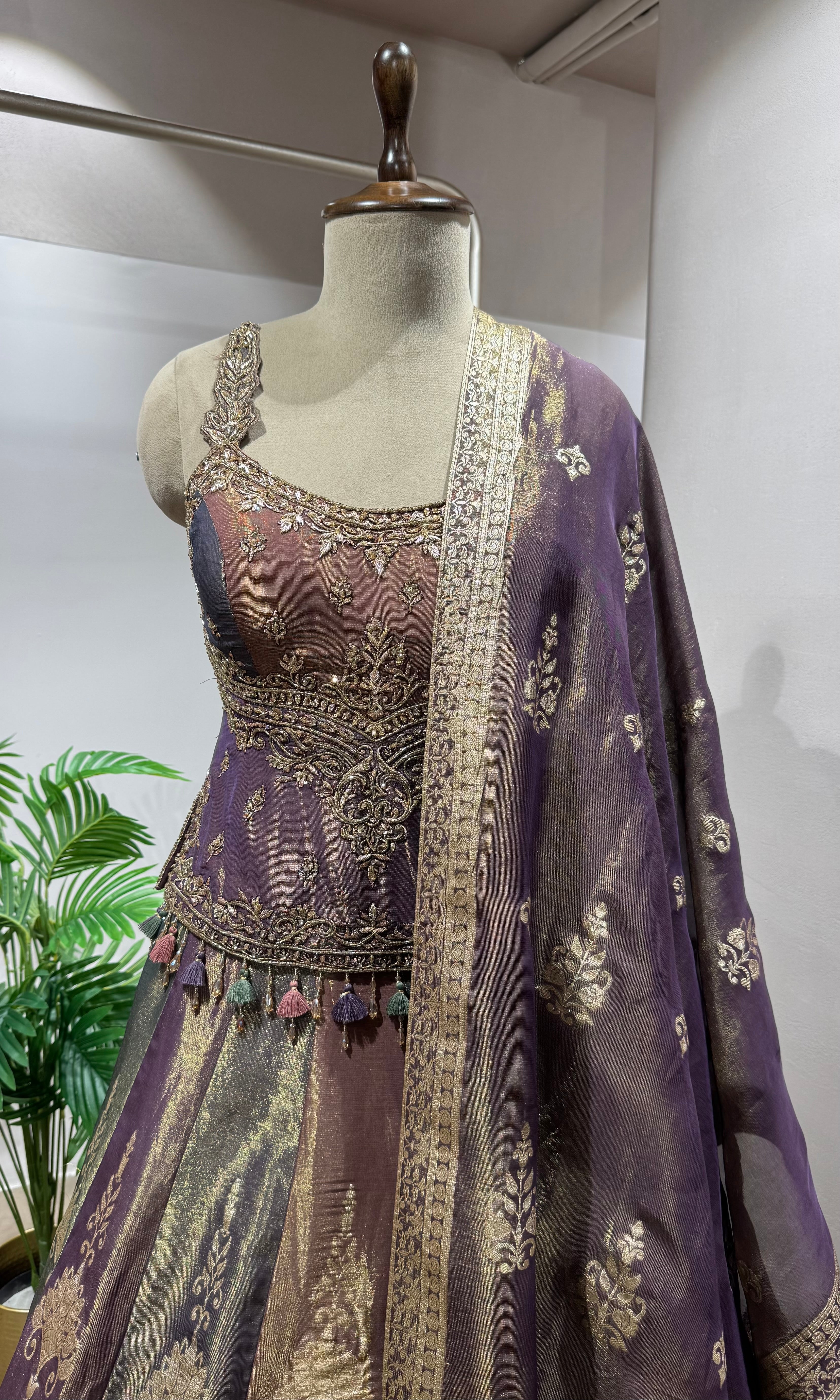 purple and gold embroidered lehenga