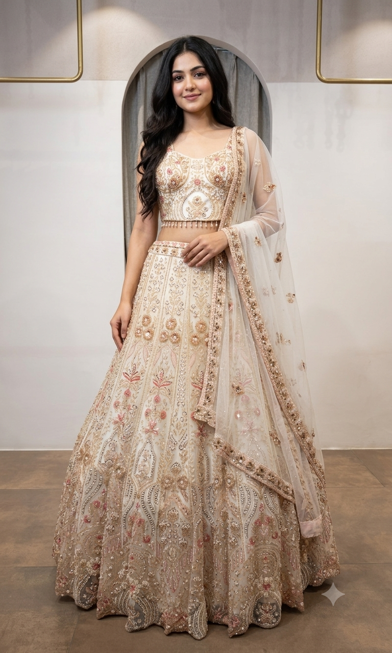 CREAM golden intricate embroidered lehenga