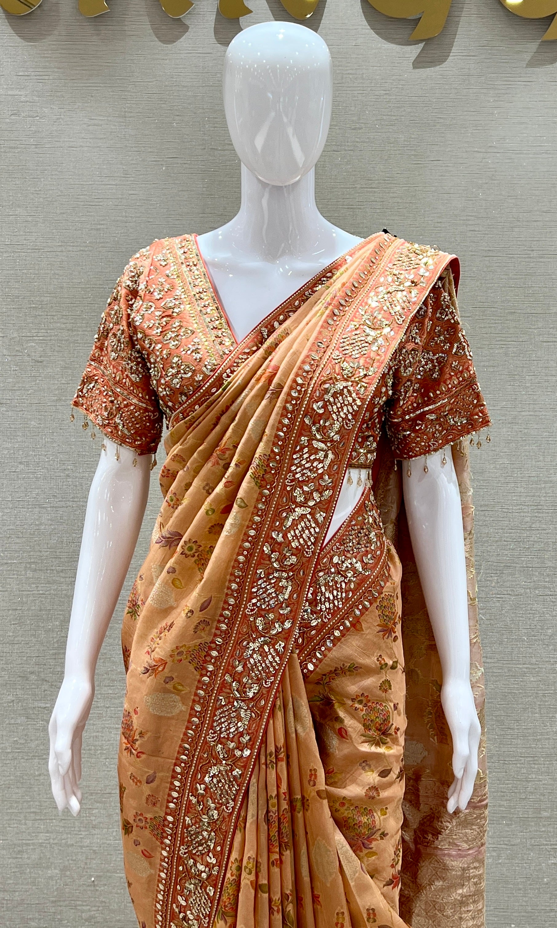 Peach saree with ready blouse