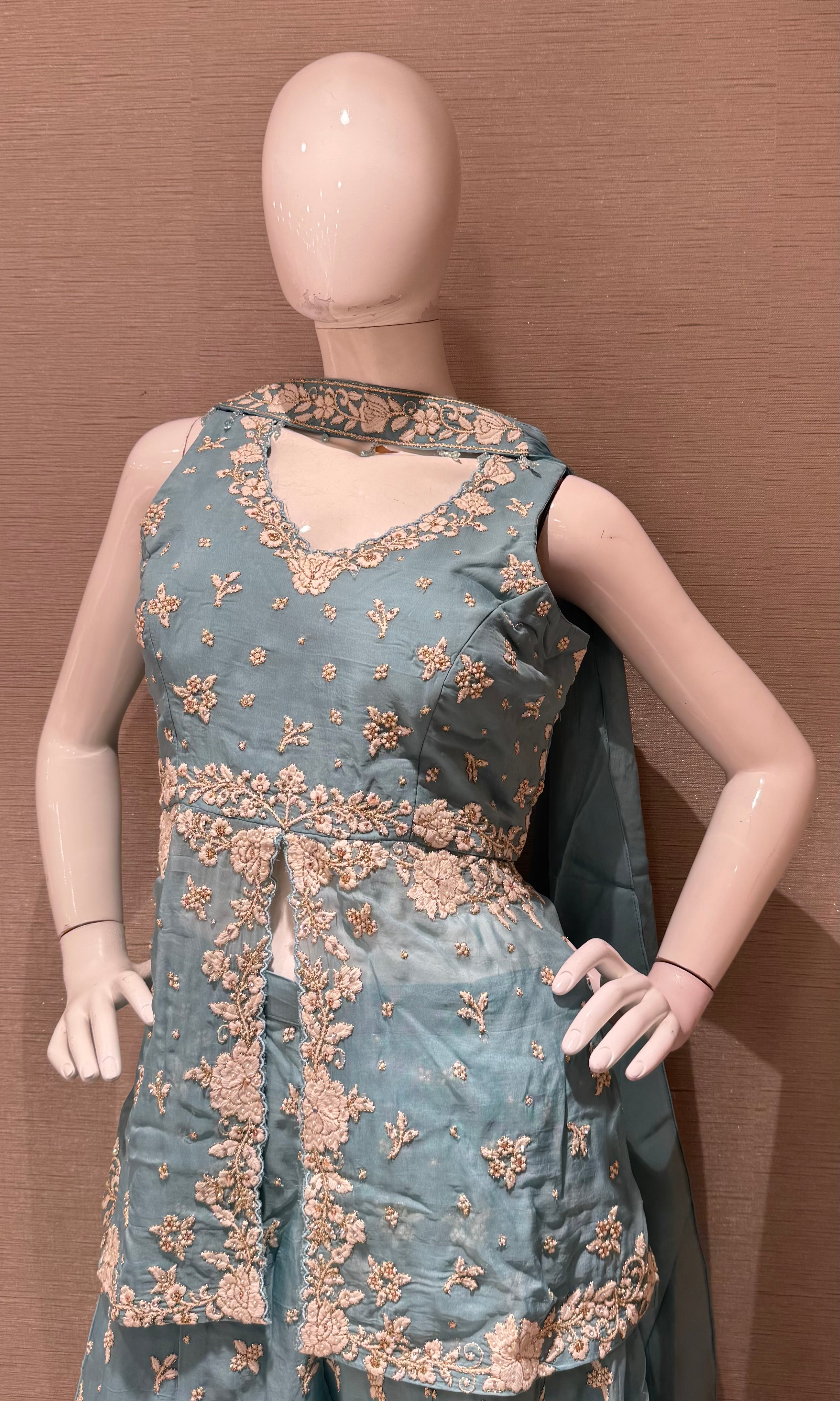 Blue Embellished Palazzo Set with Draped Dupatta