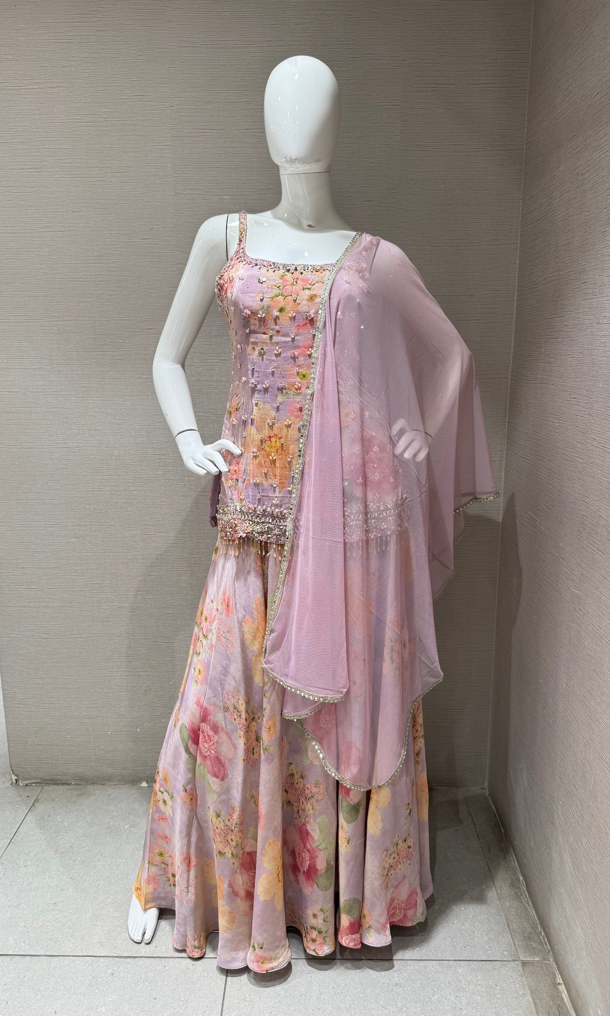 LAVANDER Silk Organza Floral Printed Peplum palazzo set