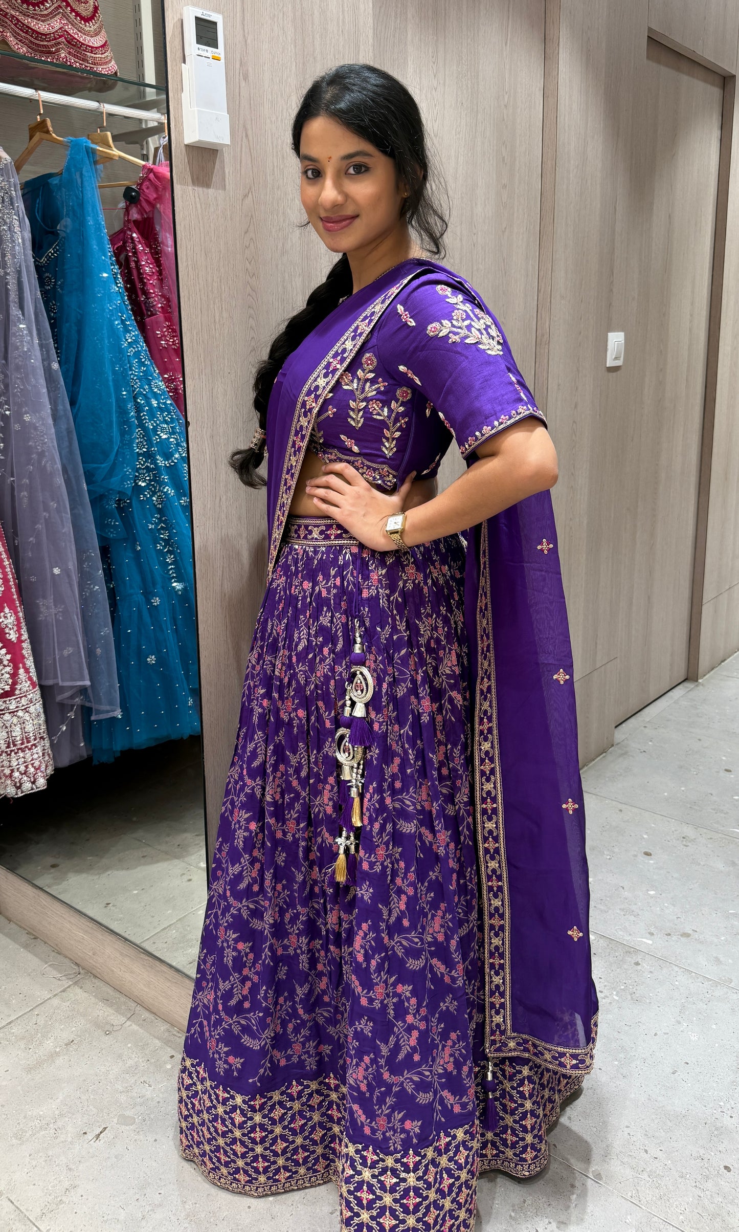 Purple lehanga with designer blouse