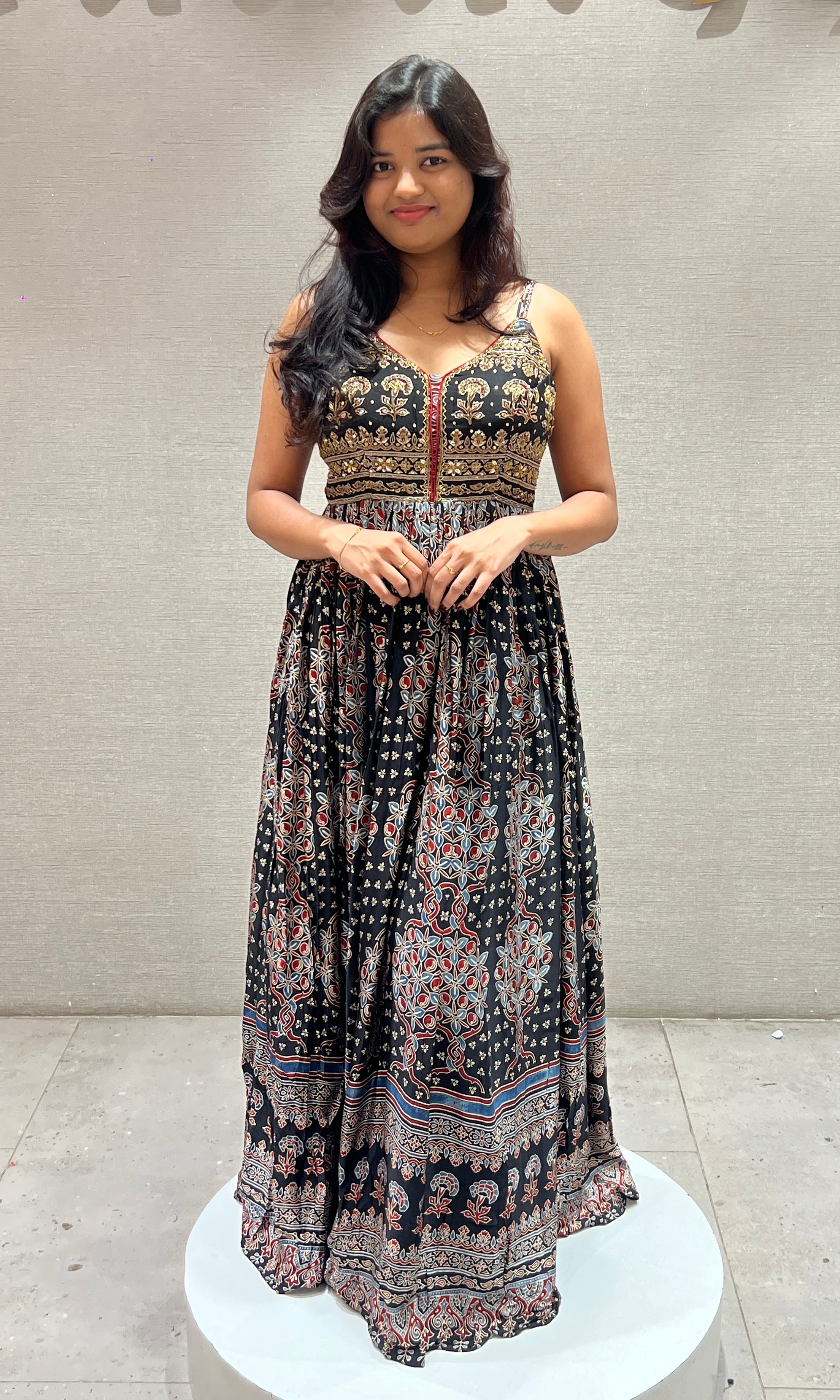 Black Floral Print Long Gown