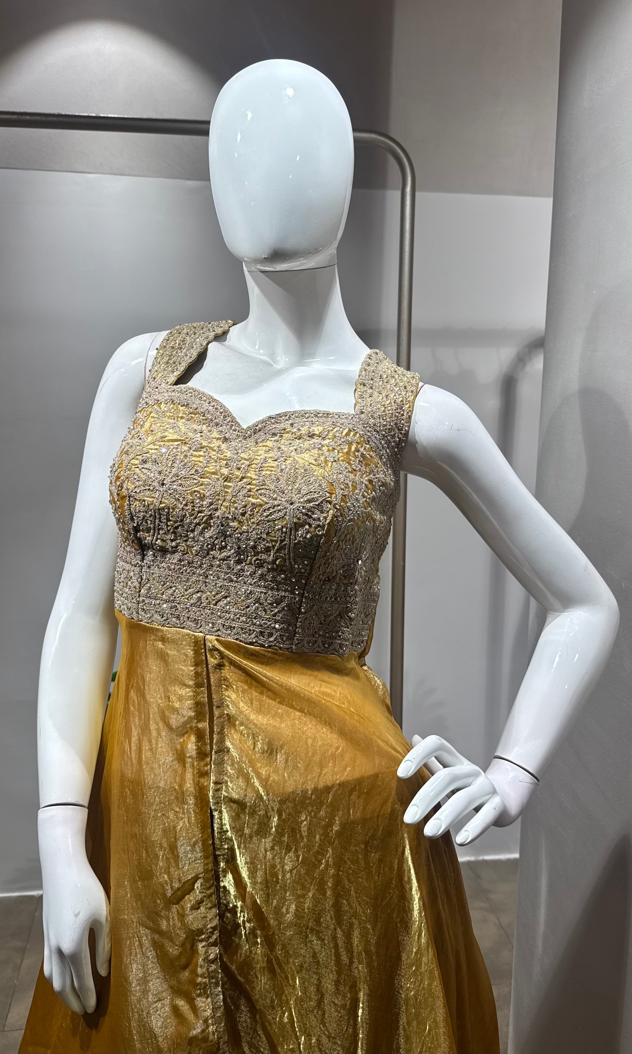 Yellow Silk Palazzo Suit with Embroidered Bodice