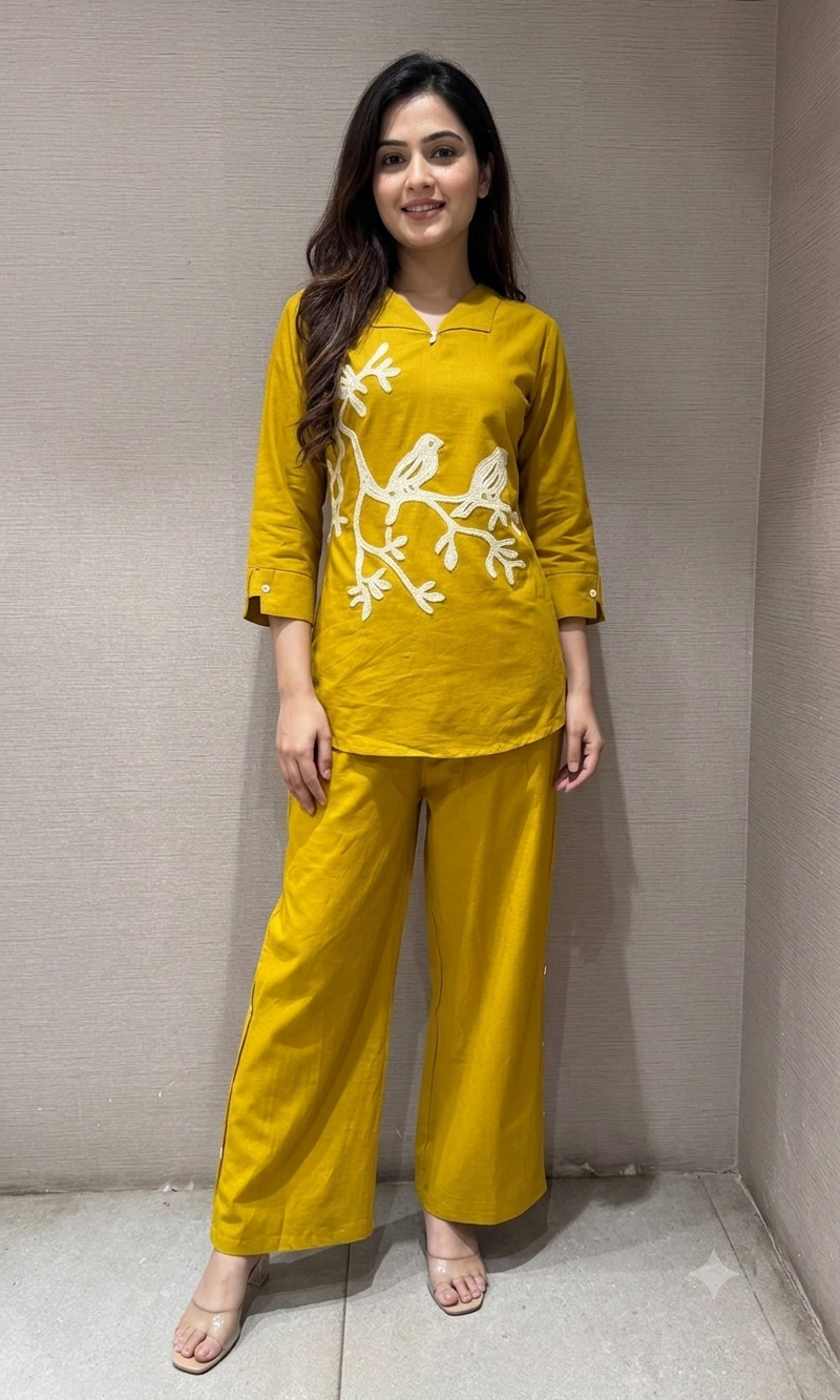 mustard yellow Bird Print Tunic Cord set