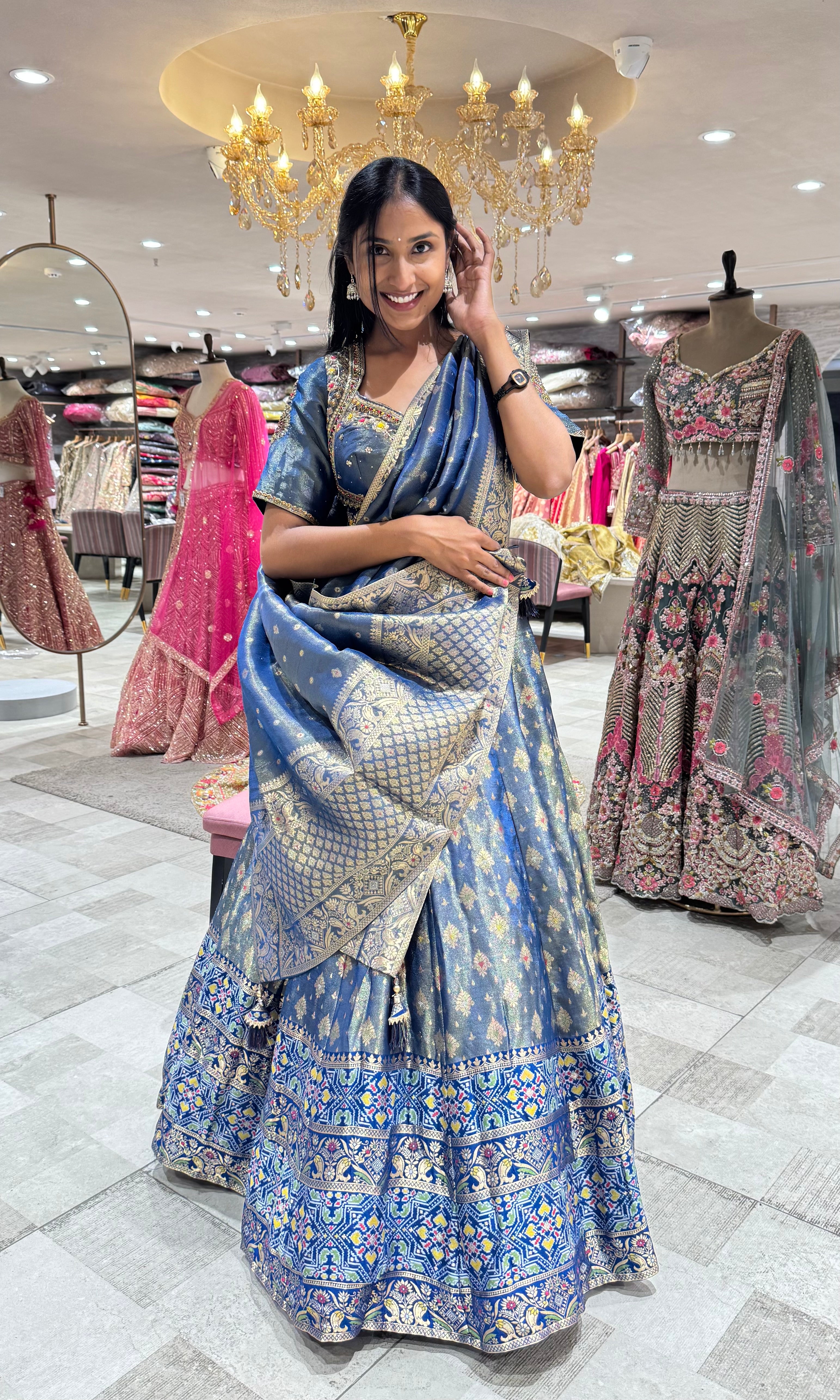 BLUE FLORAL BANARASI ETHNIC LEHENGA
