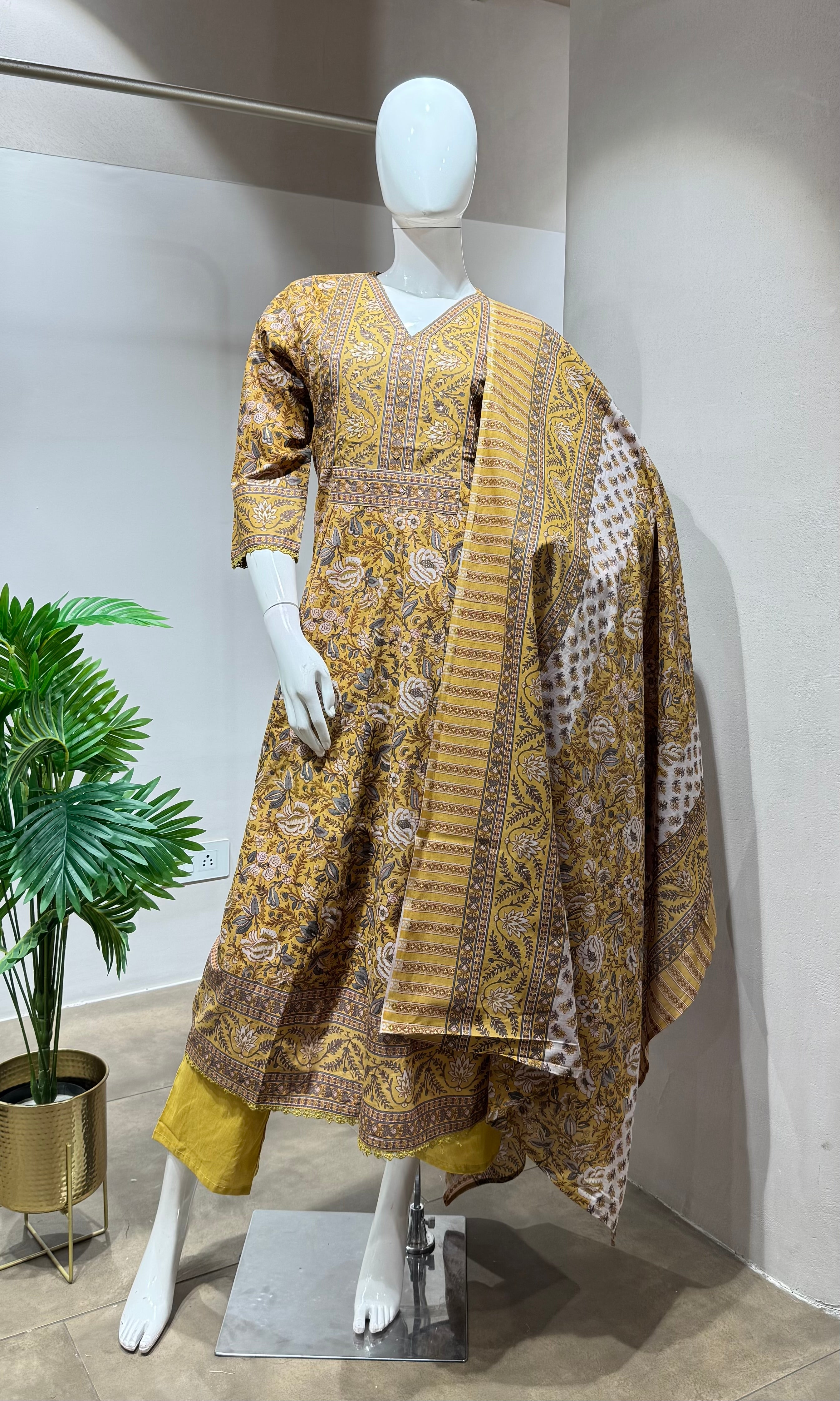 Mustard yellow jaipuri style cotton kurta set