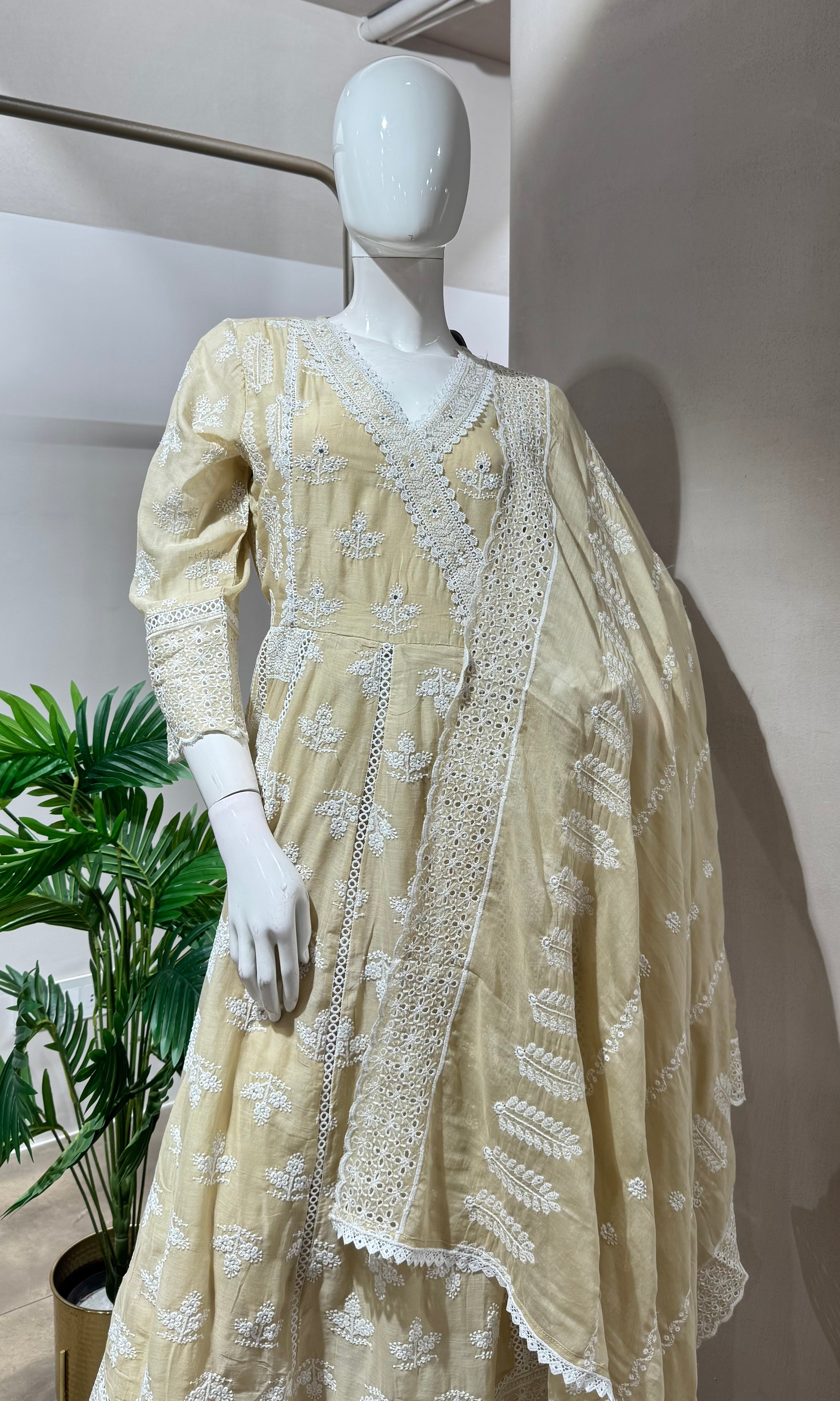 BEIGE LUCKNOWI STYLE CHIKANKARI ANARAKALI