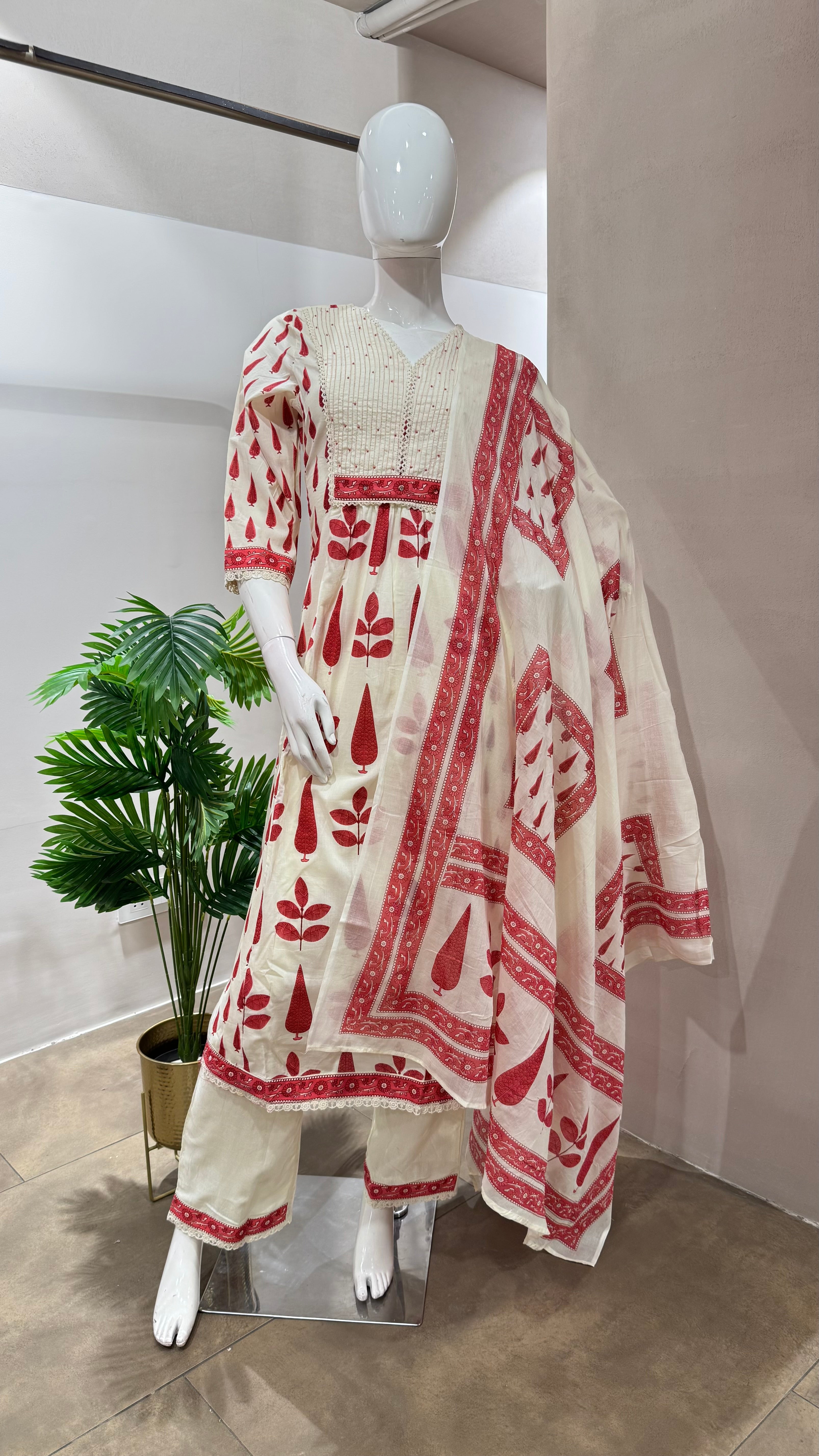 RED AND CREAM ETHNIC ANARKALI SET