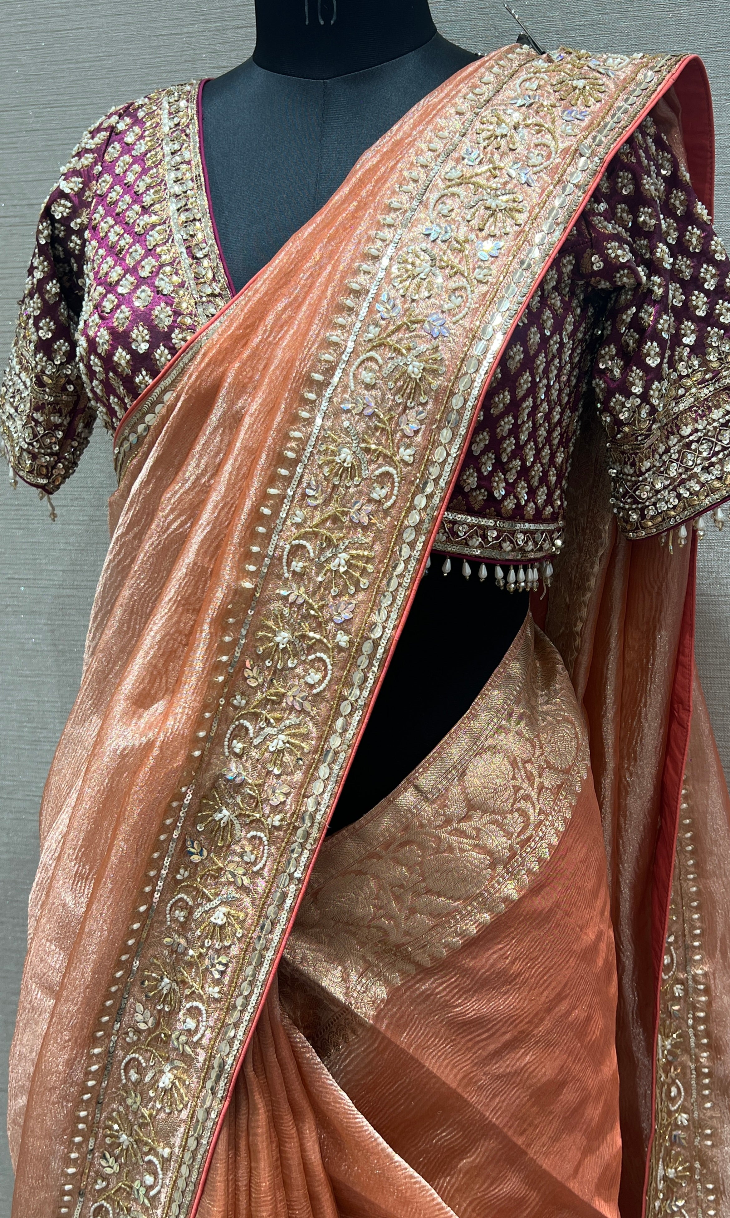 Wine and rust orange saree with ready blouse 1888