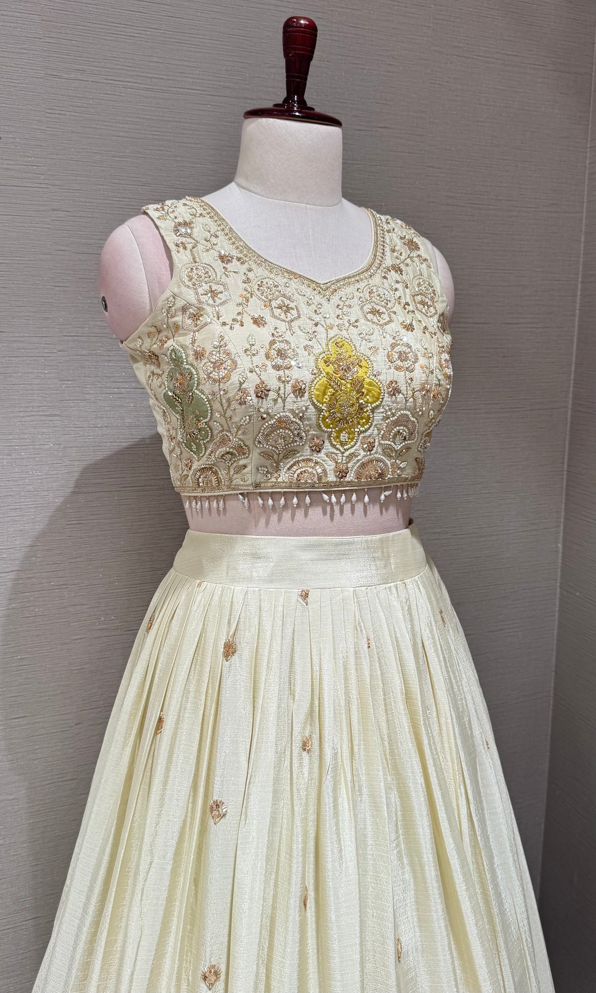 Cream Tissue silk Lehenga with Multi Floral border