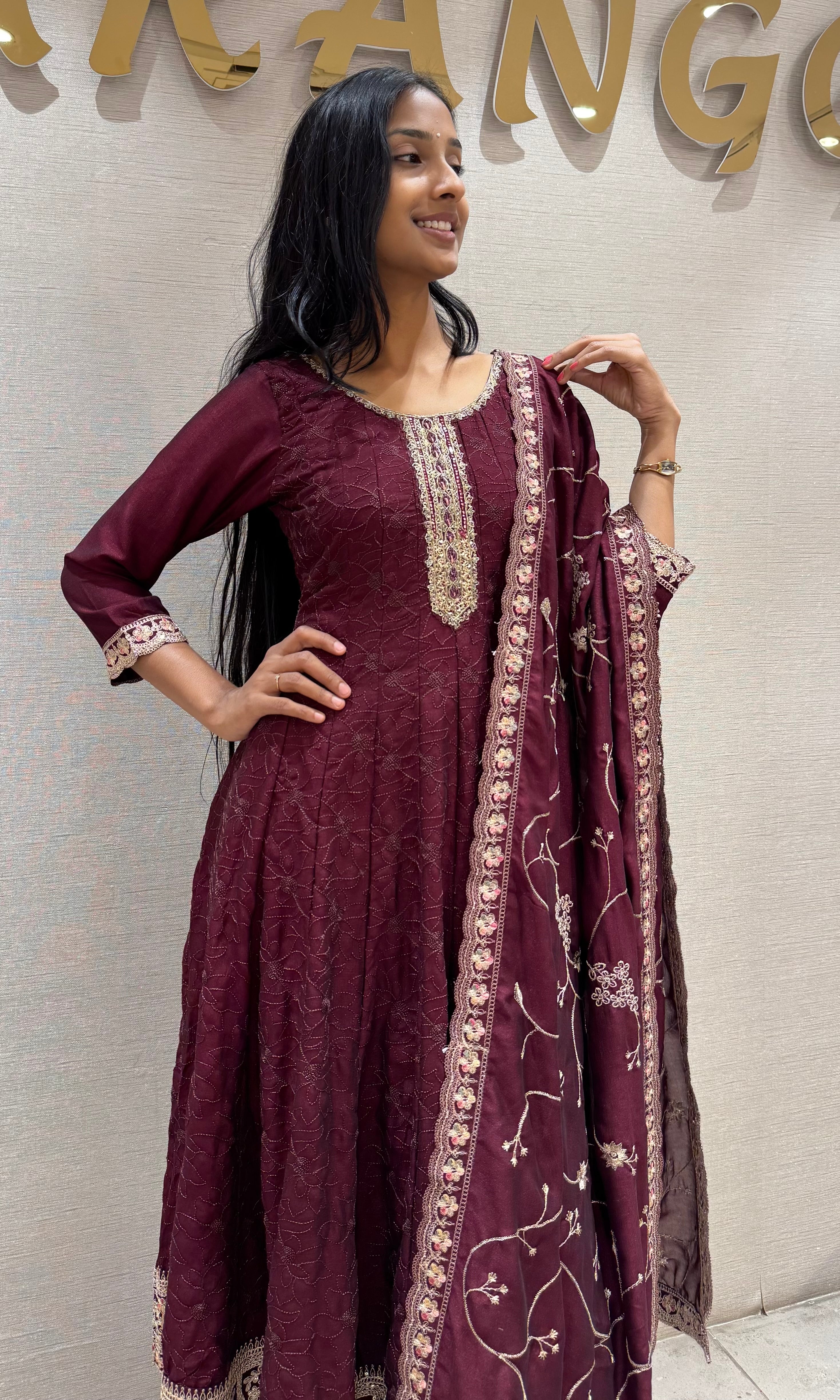 Wine intricate gold embroidery anarkali set