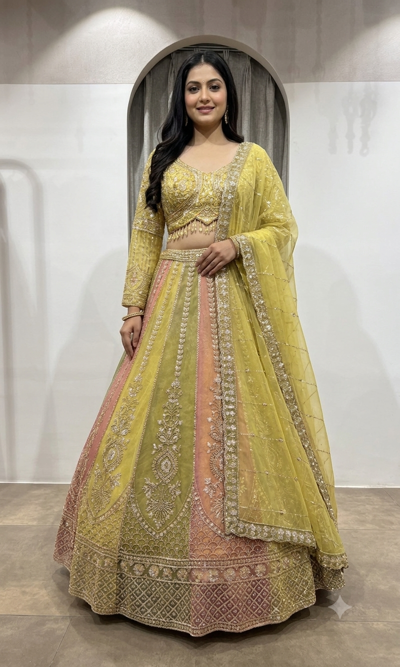 Lime Green & Blush Pink Embroidered Lehenga Set