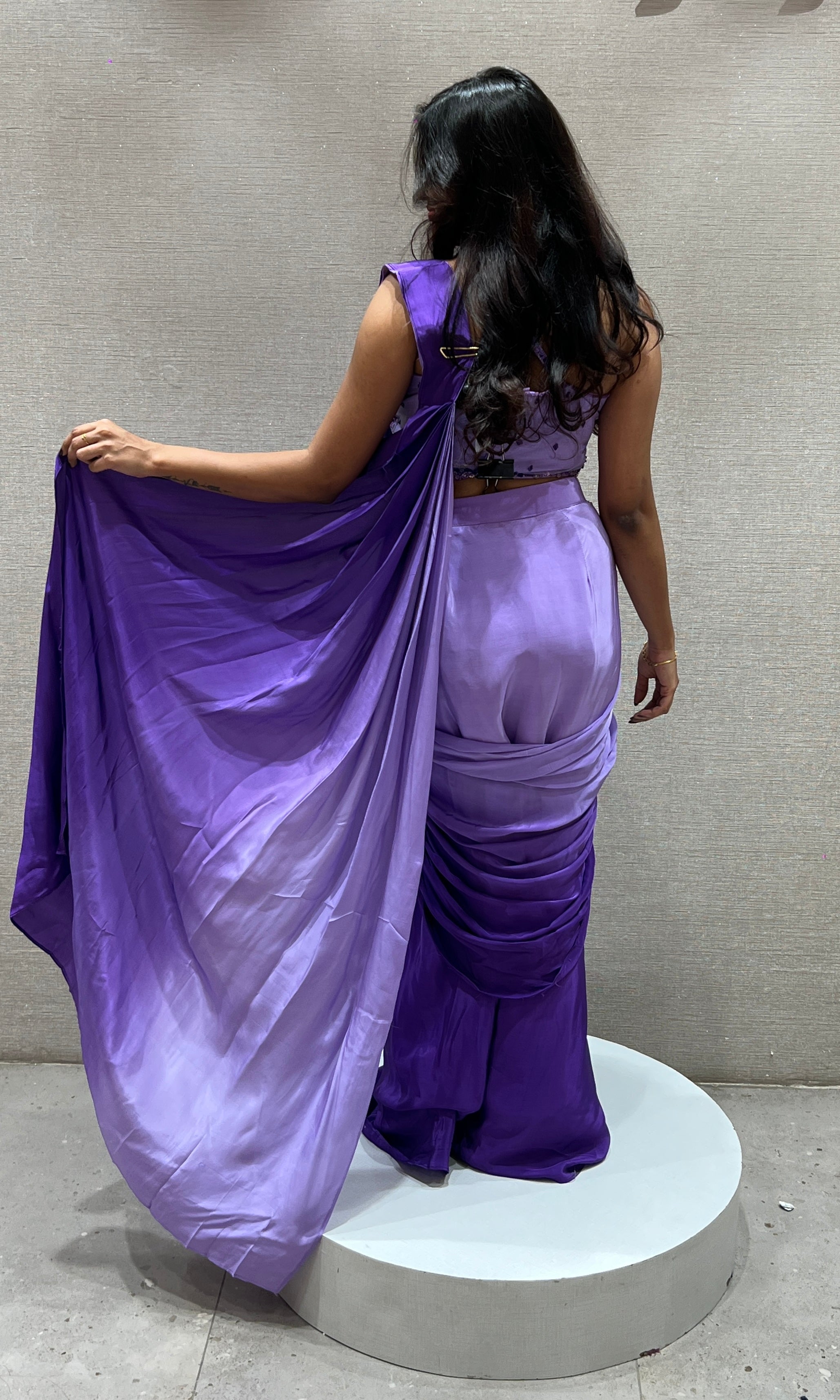 purple drape saree With Sweetheart Neck Blouse