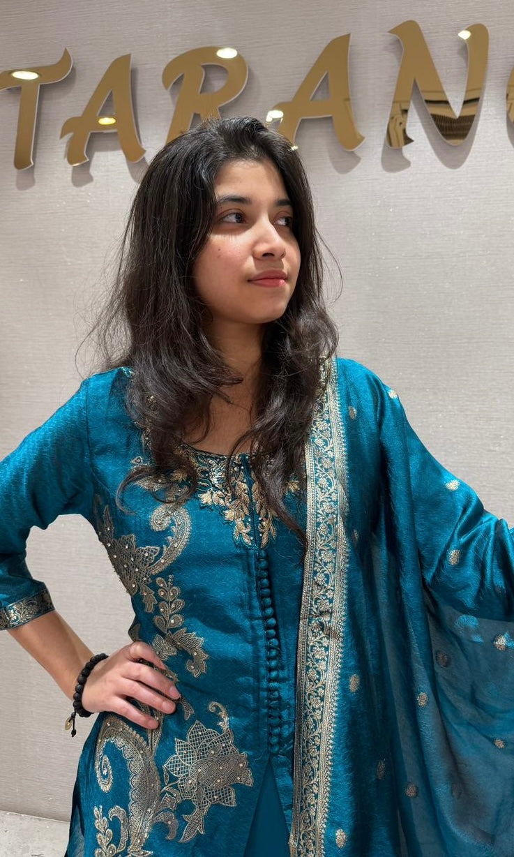 Peacock blue front silt Anarkali