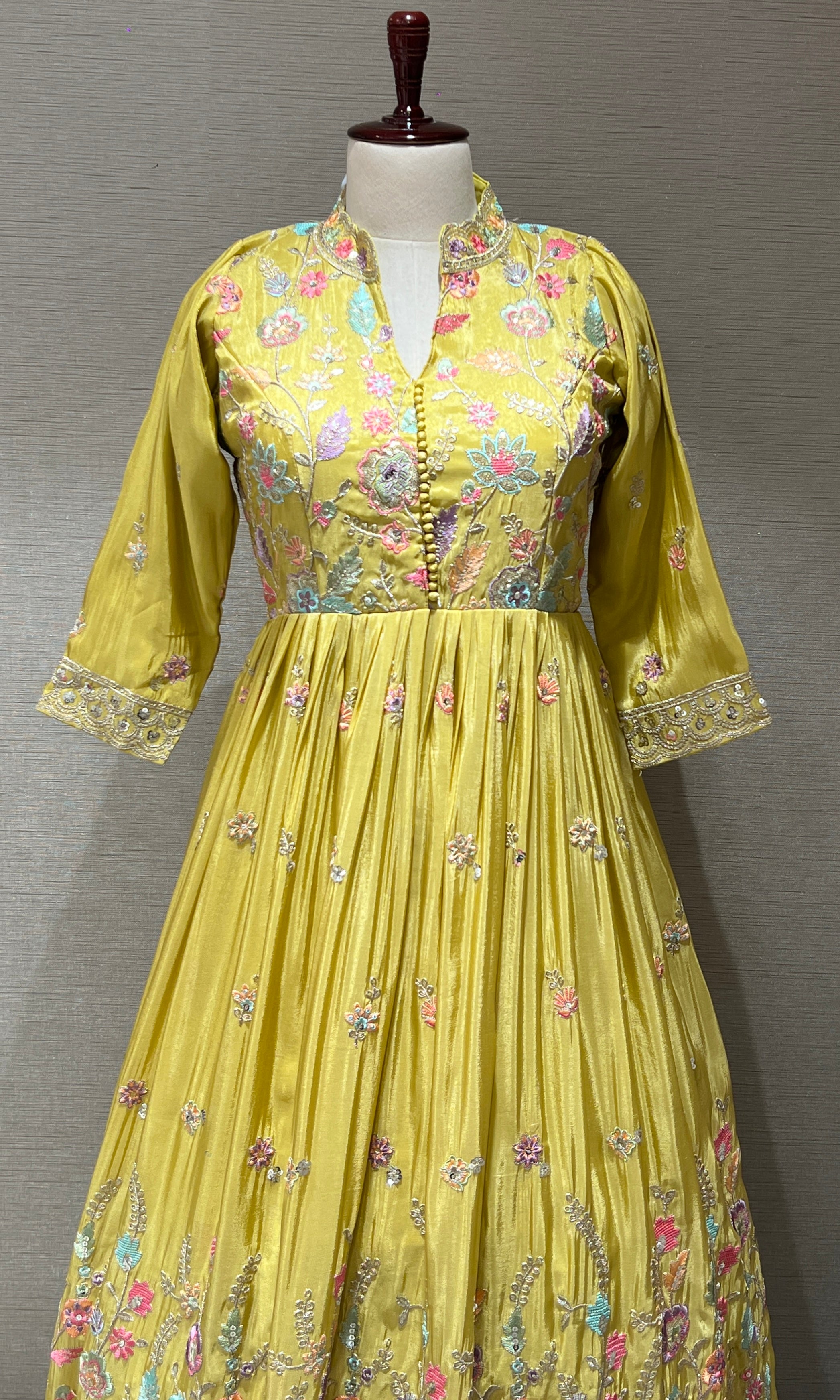 Light Yellow Anarkali Long Gown with Multicolor Floral Embroidery