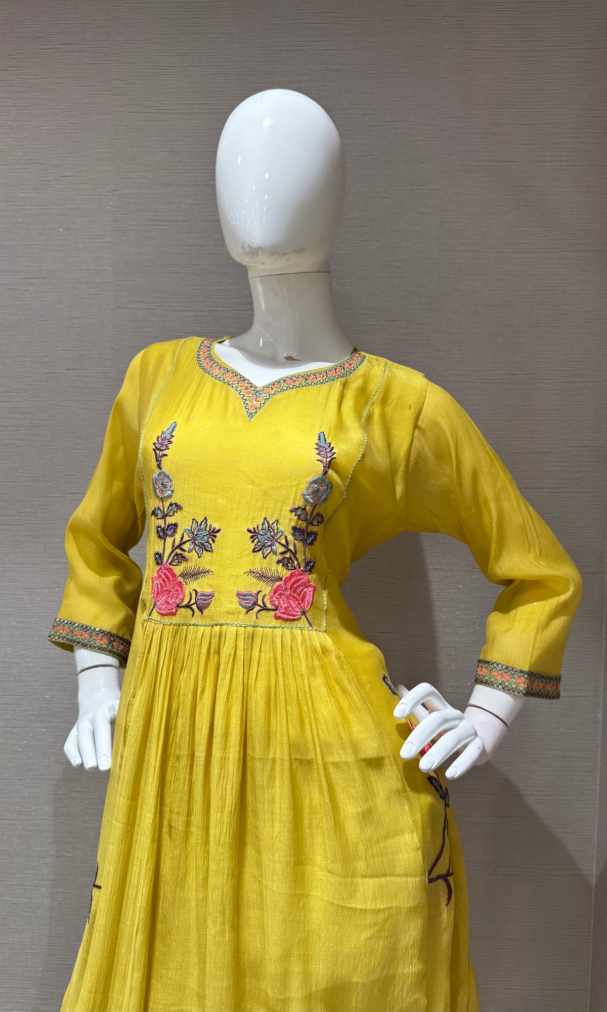 Yellow floral Mul chanderi kurta set with dupatta