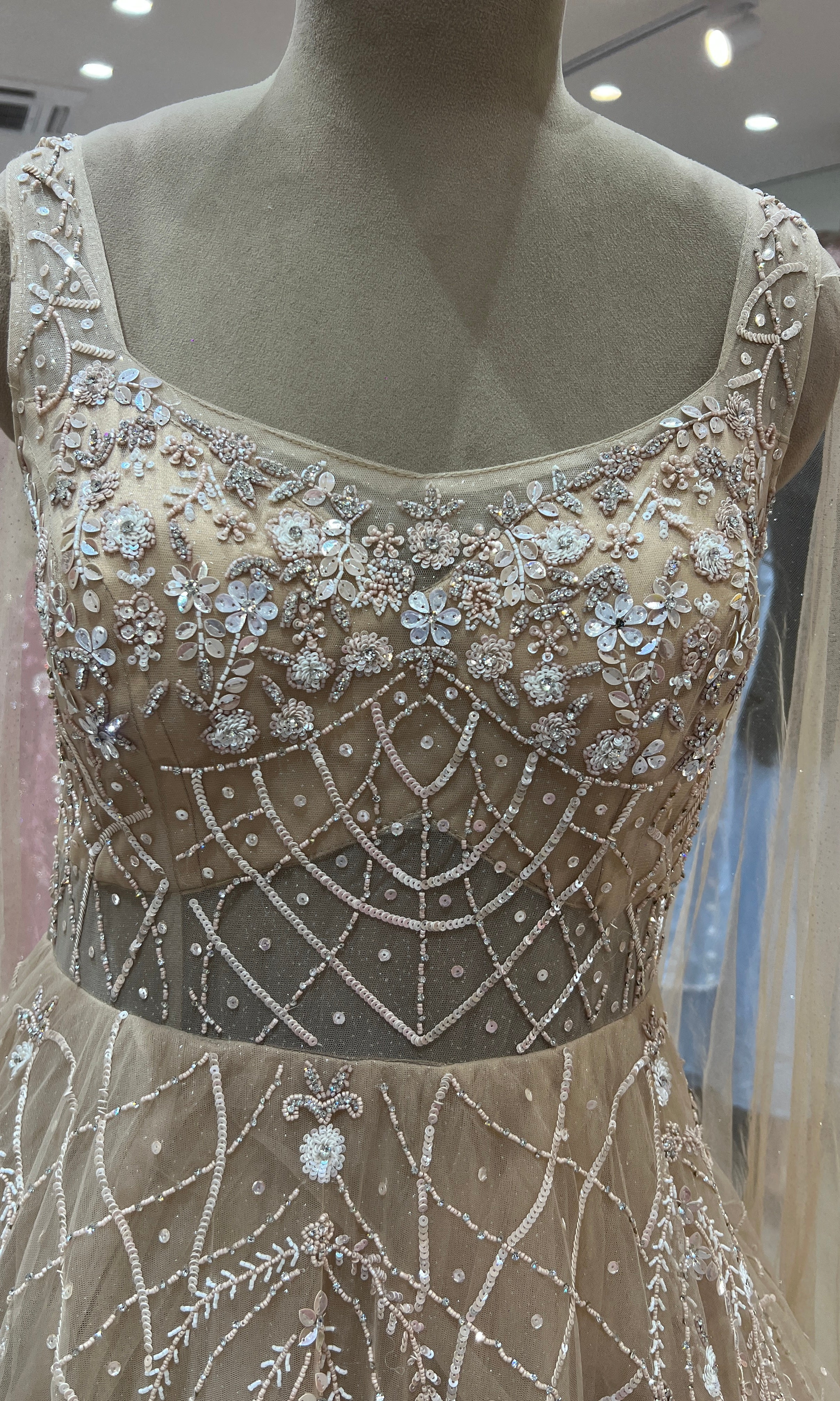 BEIGE CRYSTAL WORK NET GOWN
