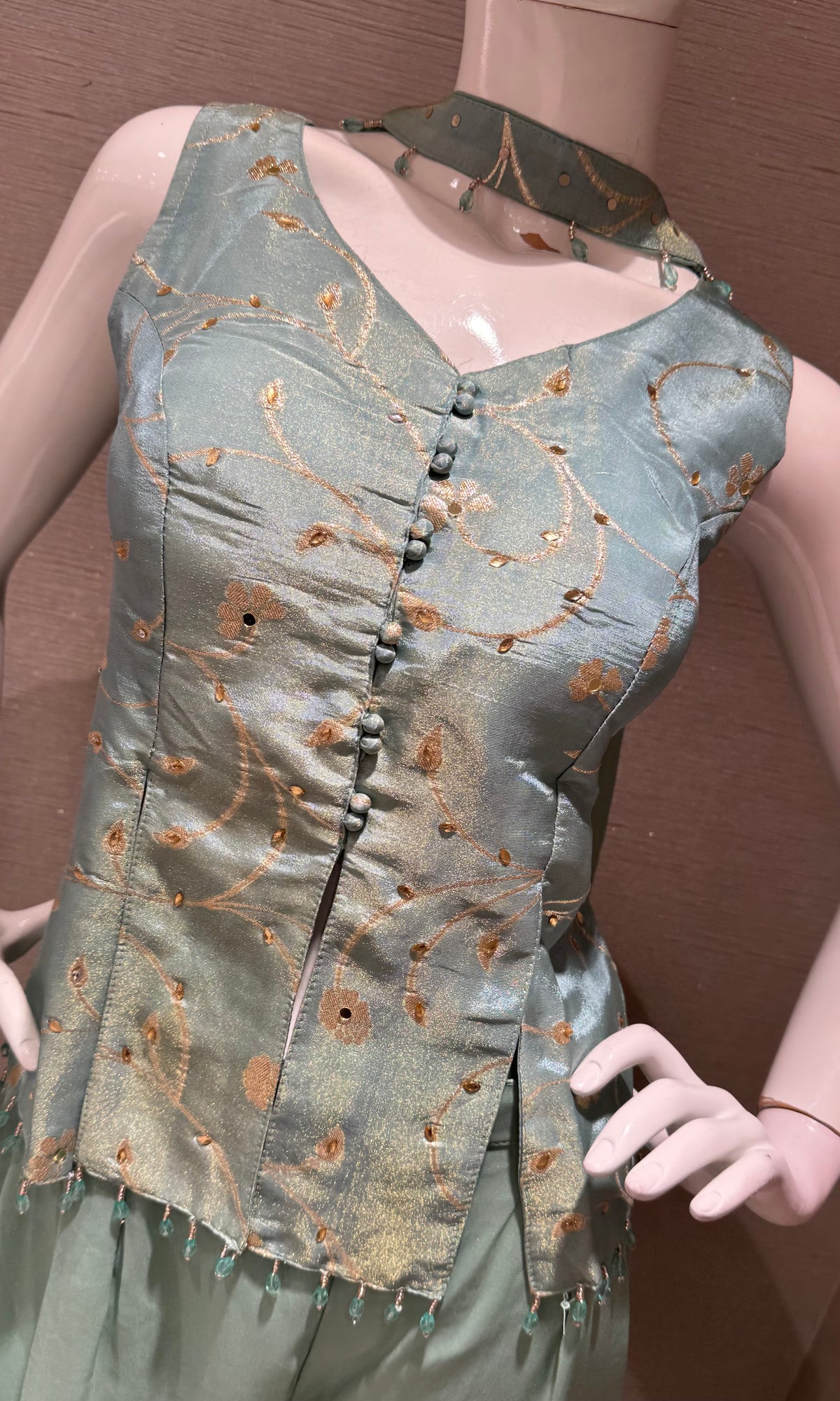 Sage Green Tissue Embroidered Fusion Palazzo Set