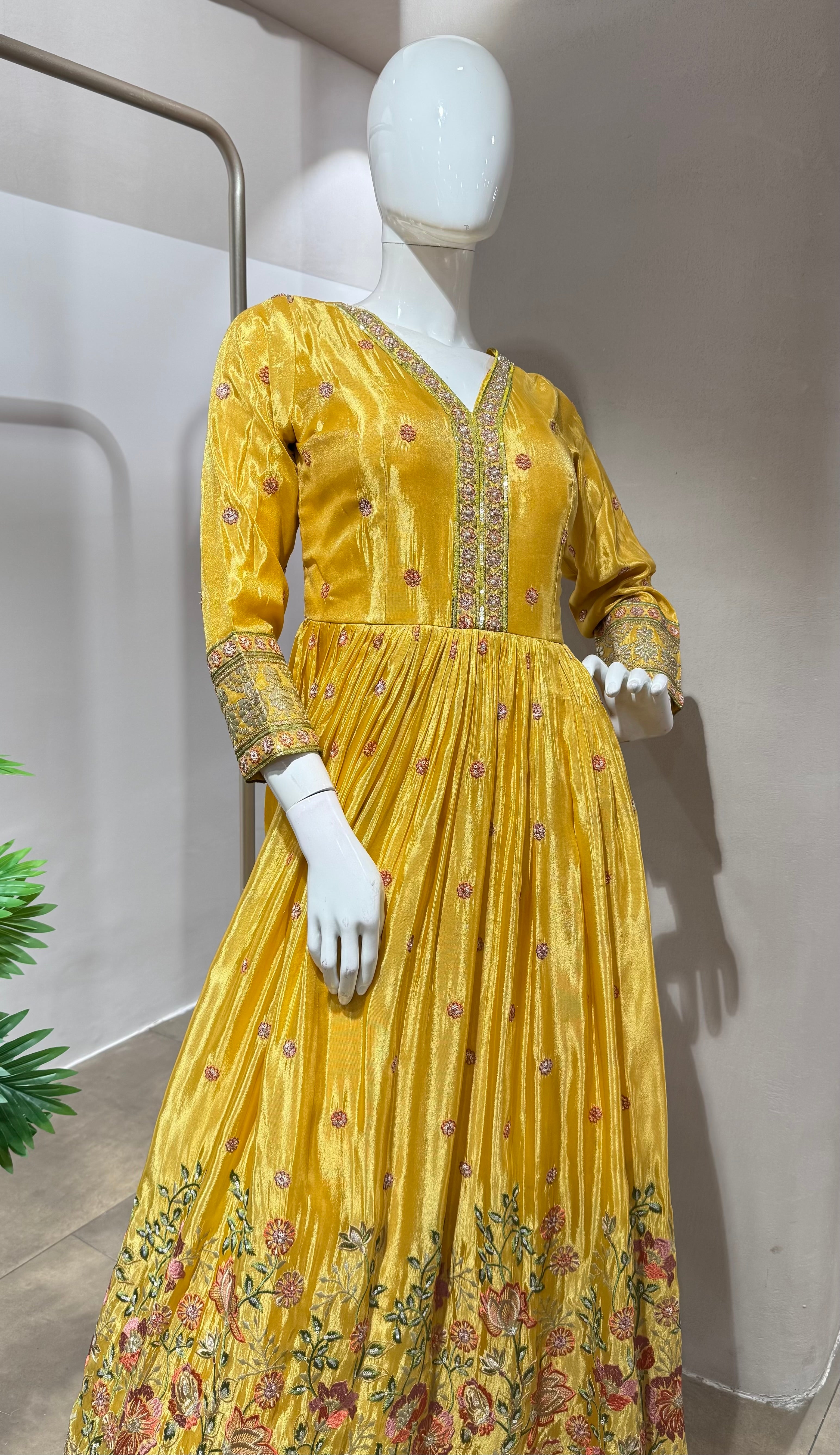 YELLOW SHIMMER TISSUE EMBROIDERY ANARAKALI