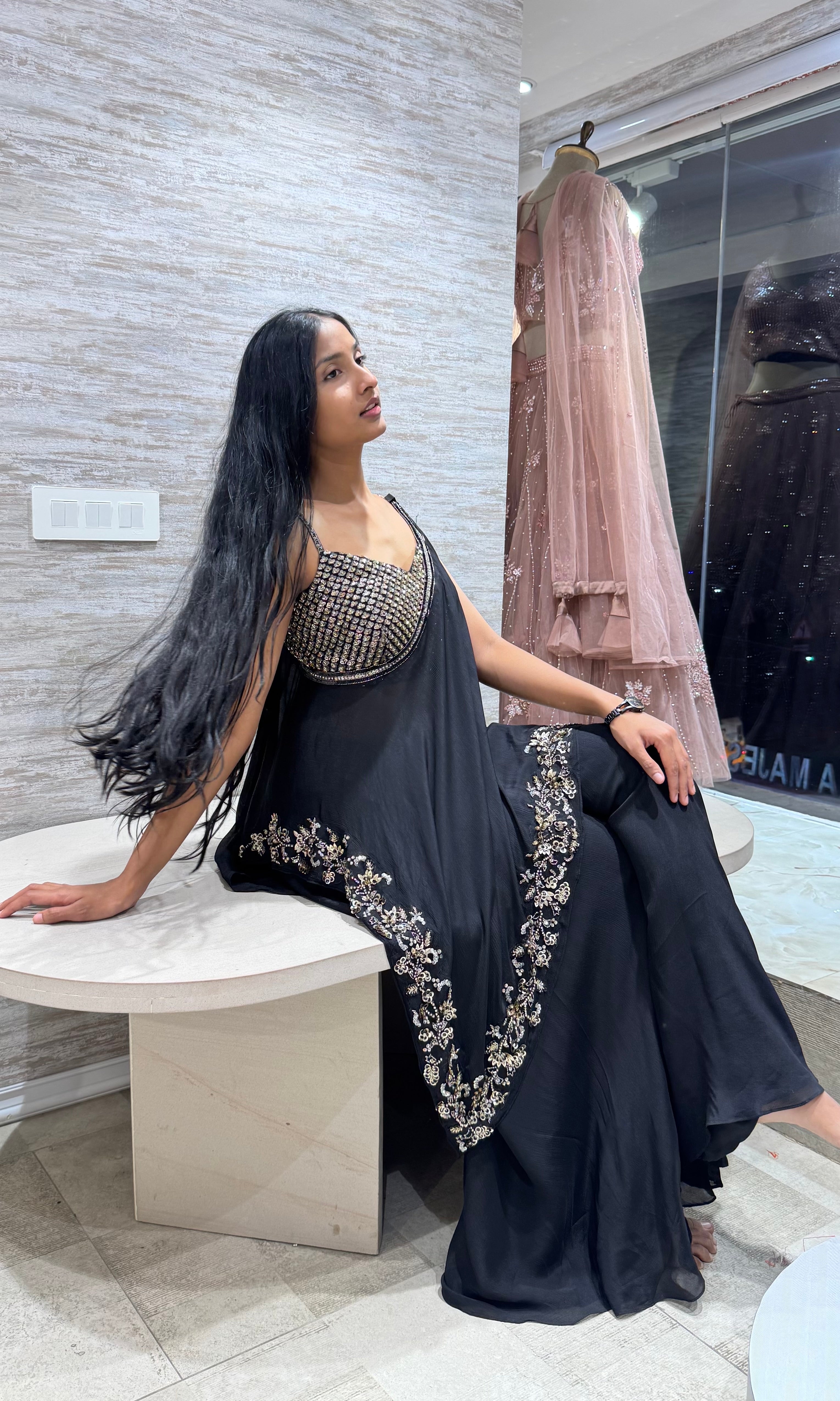 Black gold sharara with asymmetrical blouse