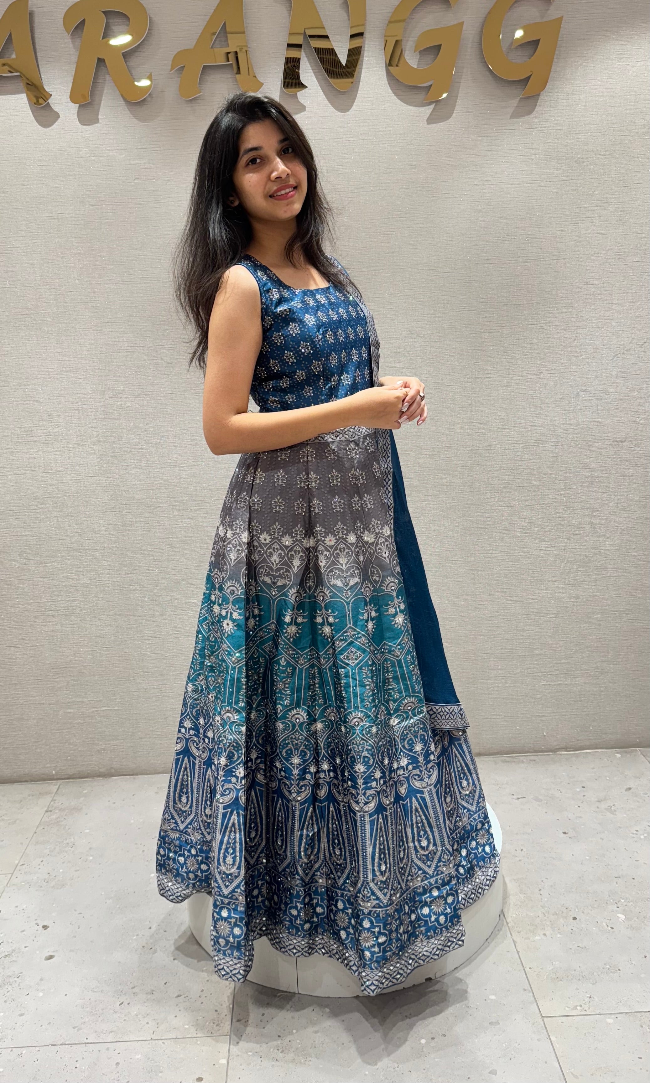 blue and grey embroidered anarkali