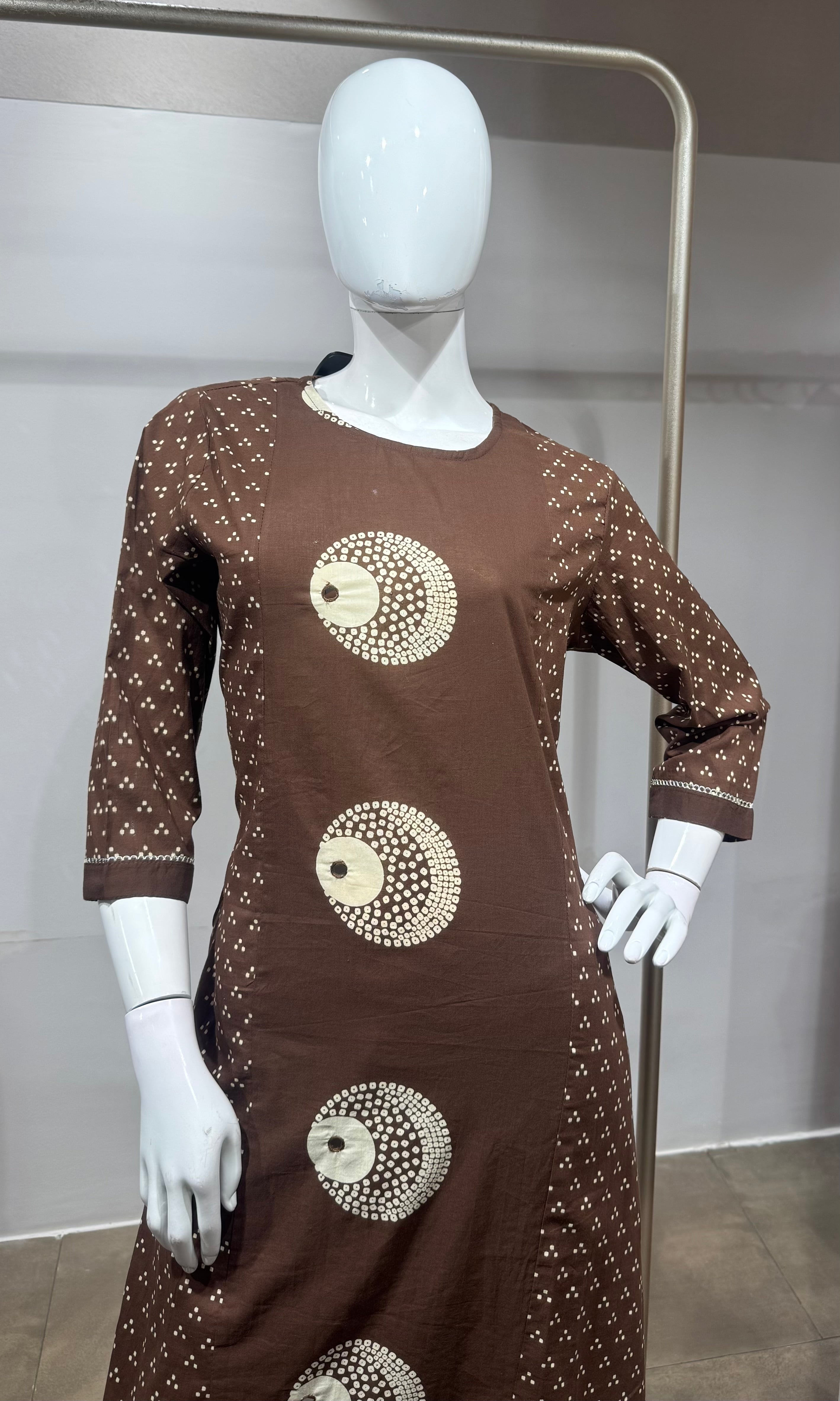 Brown Cotton Bandhani Straight KURTA SET