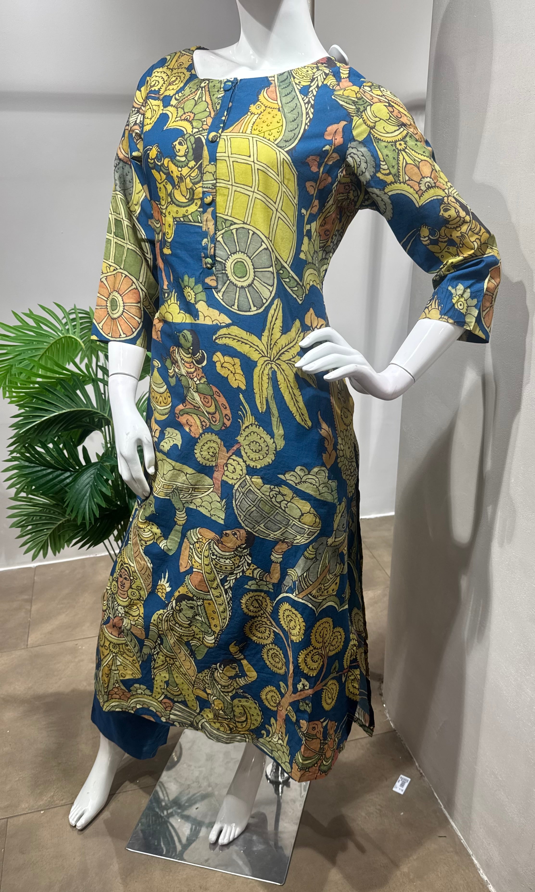 green and blue printed kurti with bottom