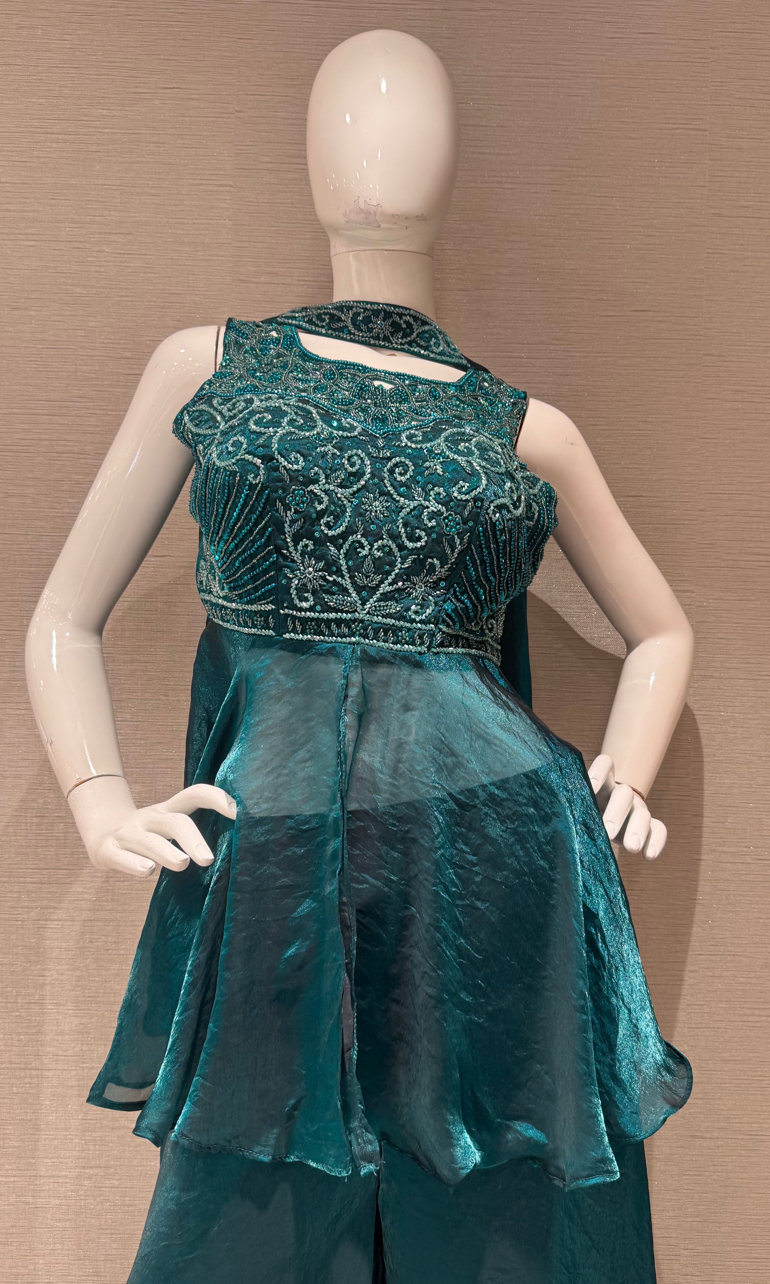 Green embroidered peplum palazzo set