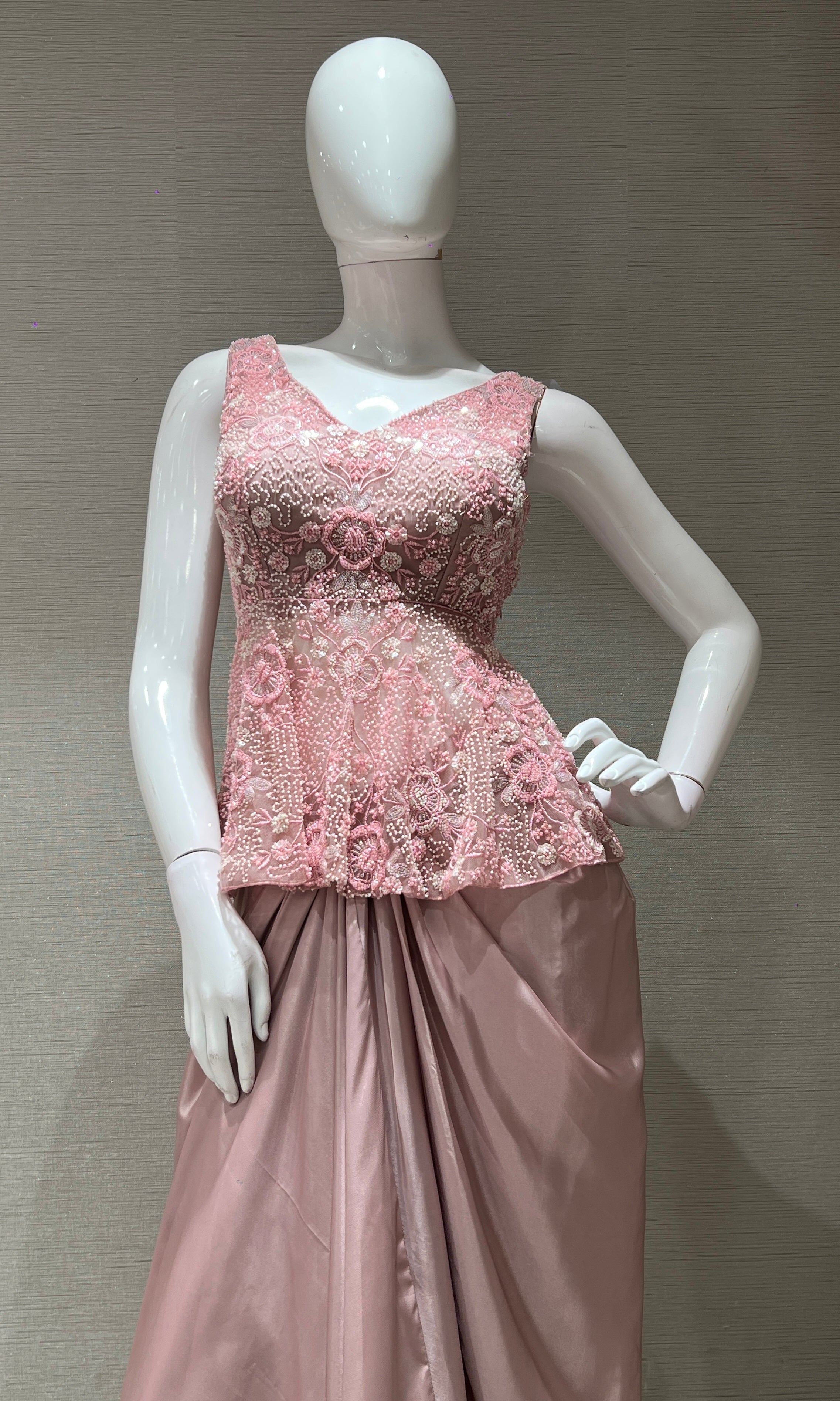 Baby pink EMBROIDERED PEPLUM BLOUSE WITH SKIRT