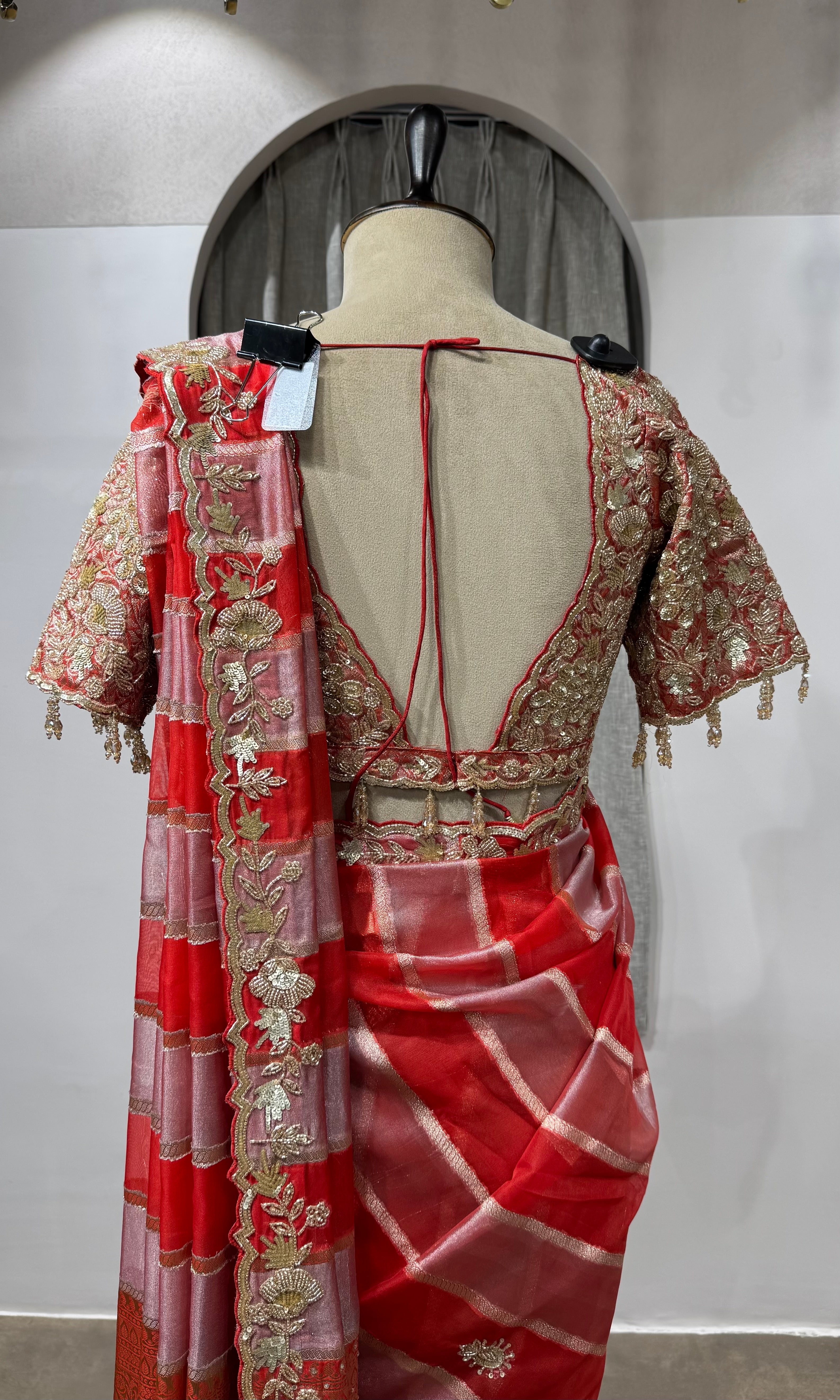RED Embellished Tussar Silk Leheriya Saree