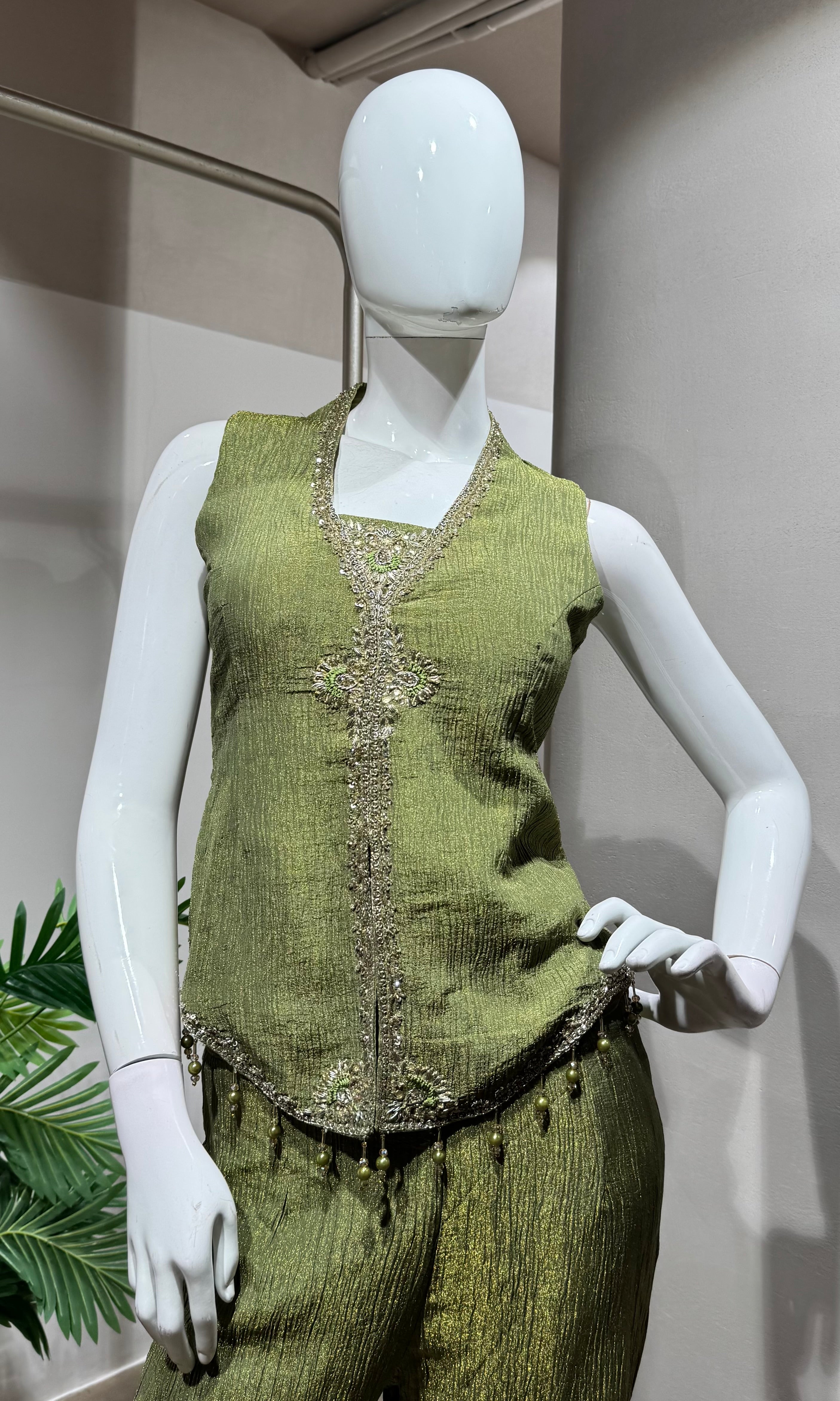 Green Printed Floral V Neck Sharara Set