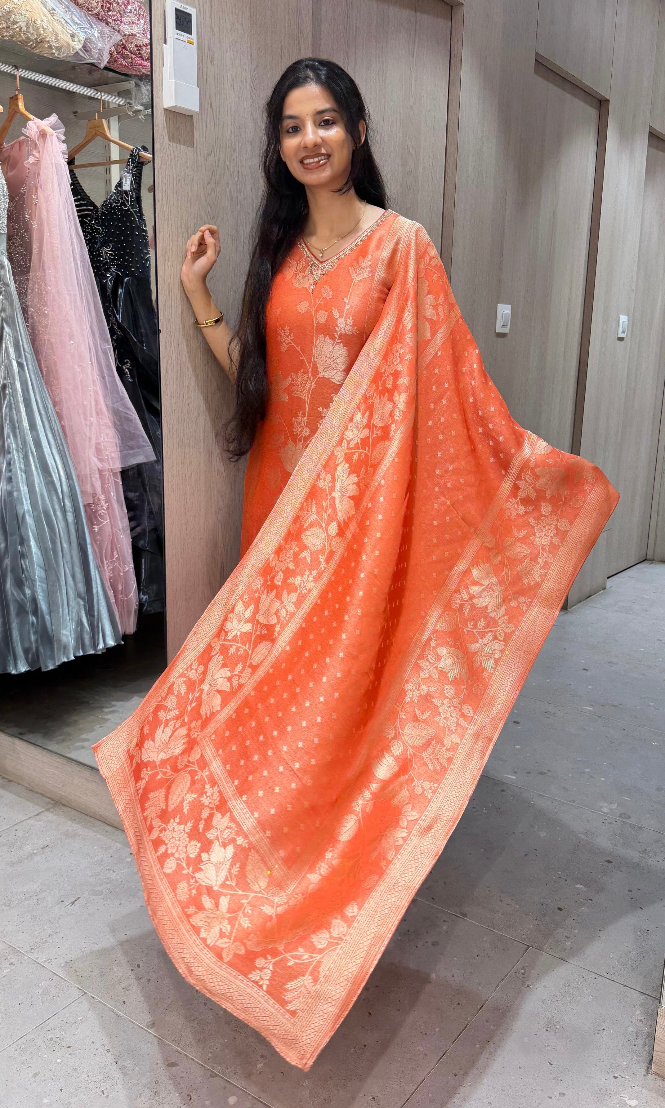 Orange Banarasi Kurta set with Matching Dupatta