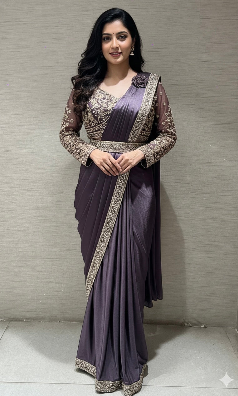 Light wine drape saree WITH BLOUSE AND BELT