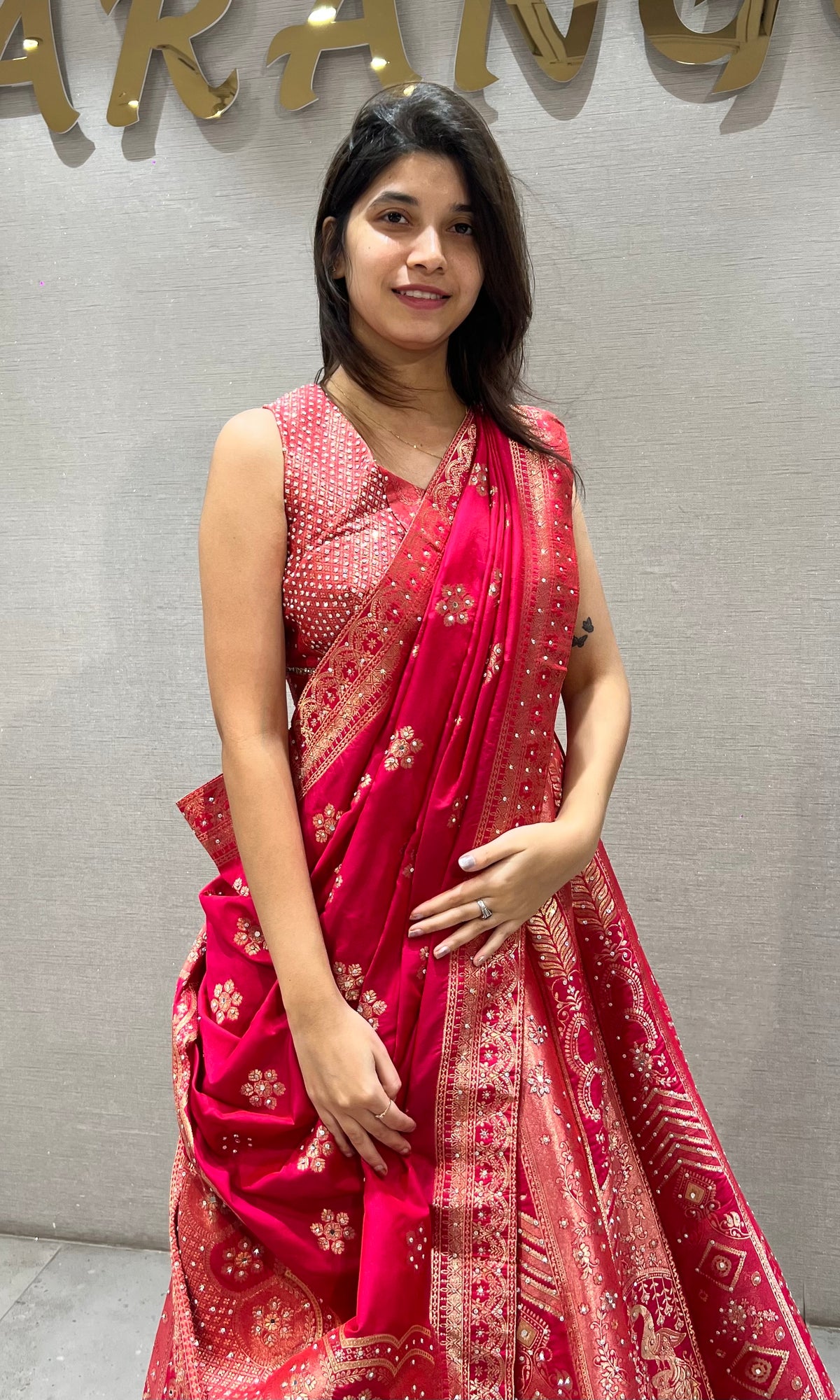 Rani Floral Banarasi Lehenga with Crimson dupatta