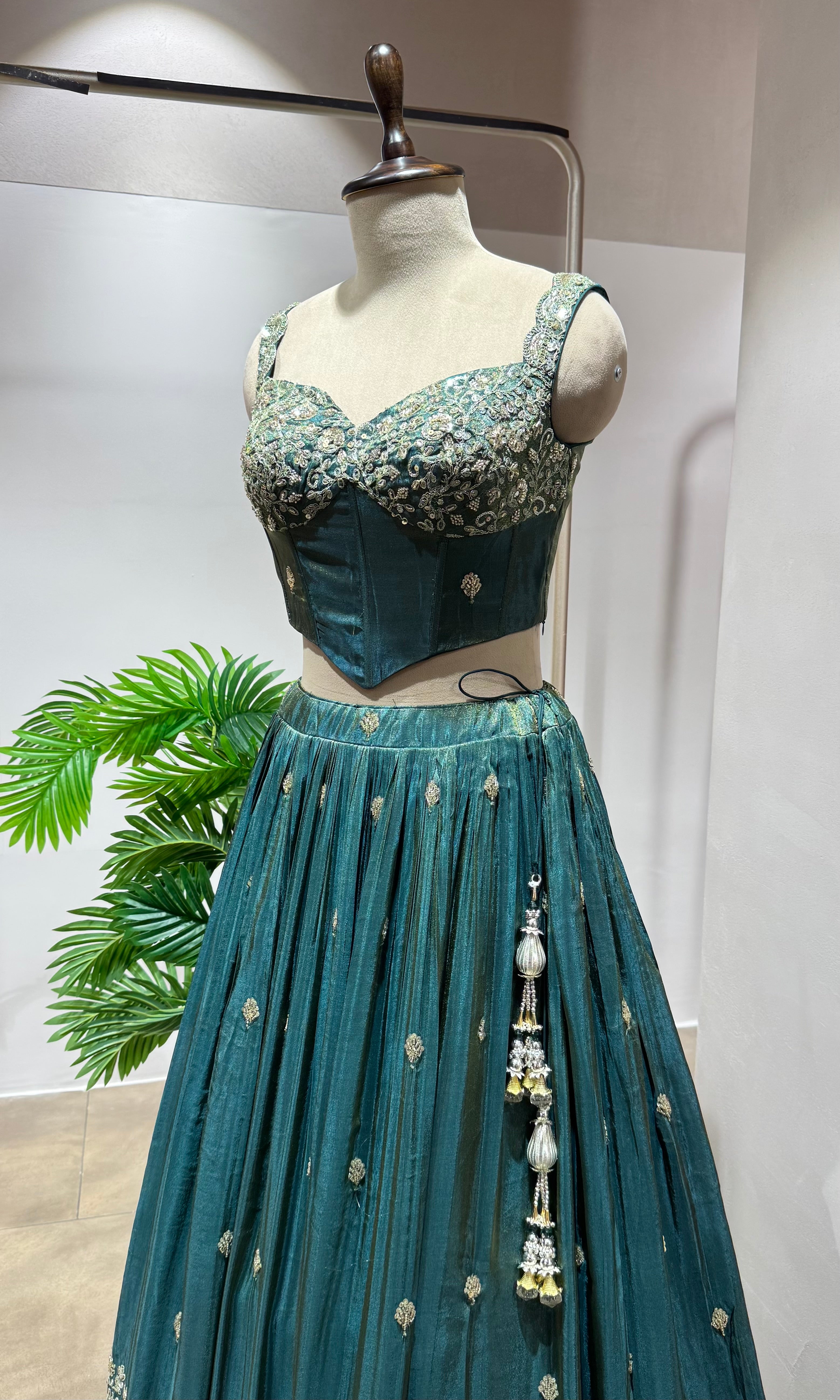 Green EMBROIDERED Lehenga with Embellished Corset Blouse