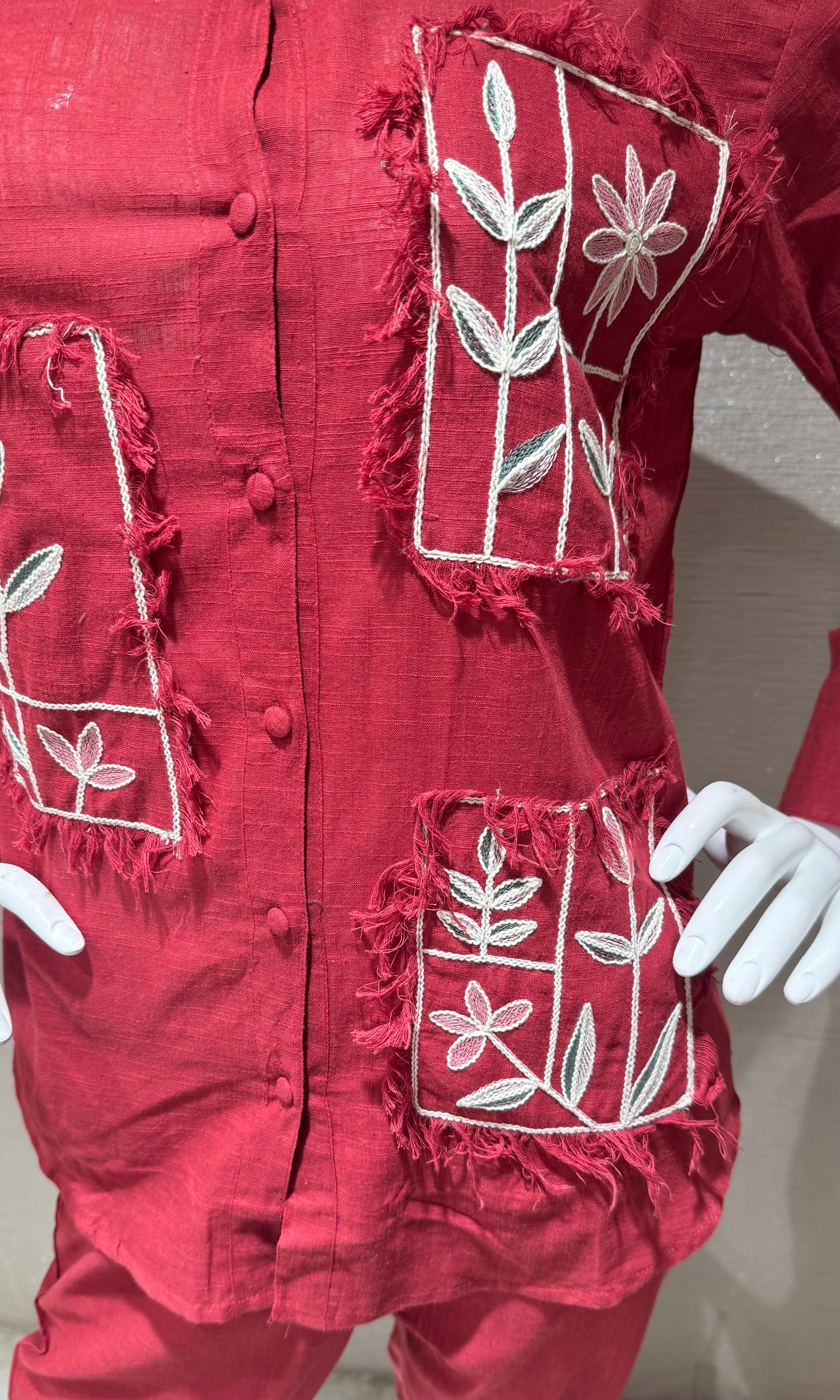 Red cotton embroidery work short cord set