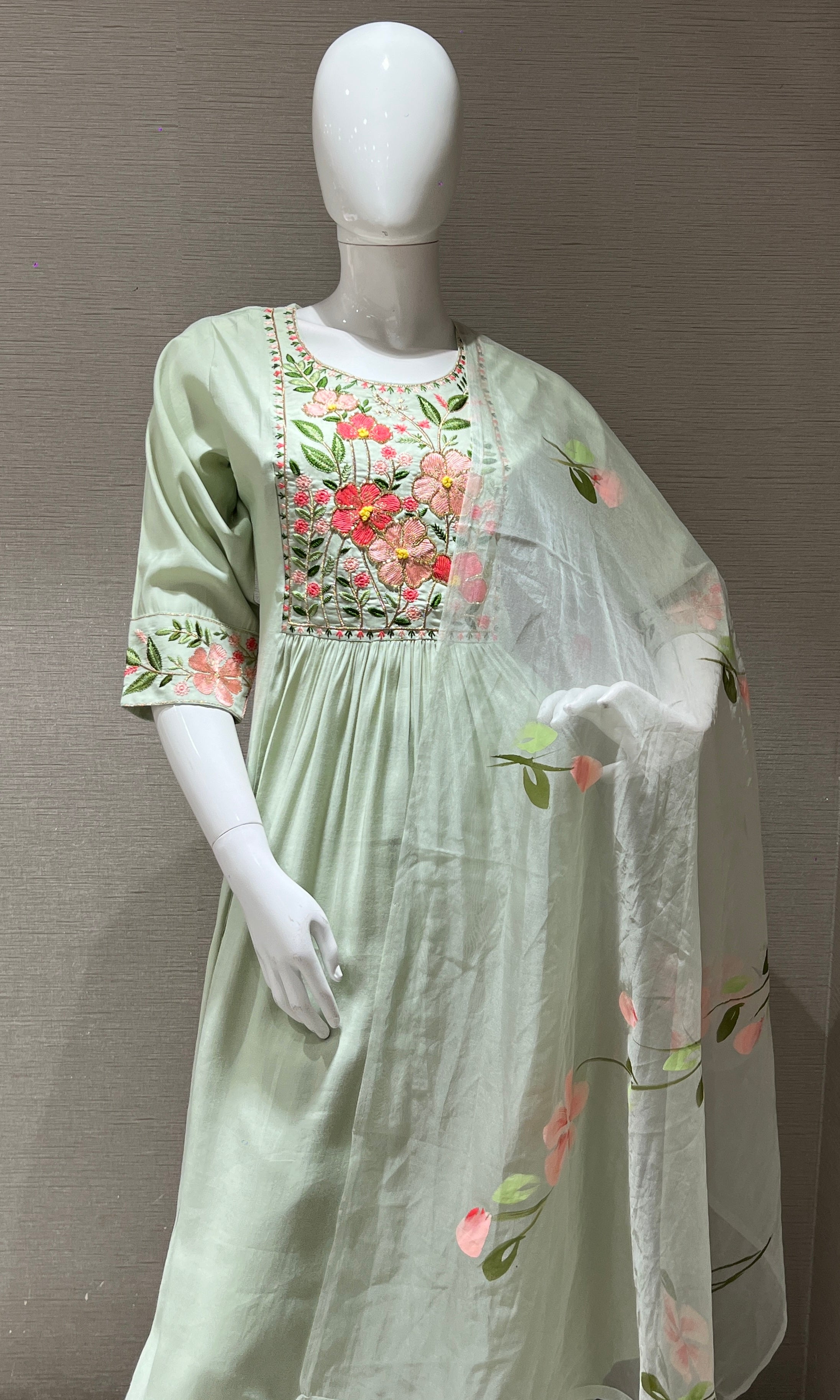 Pista Green Floral Charm Mul Chanderi kurta set